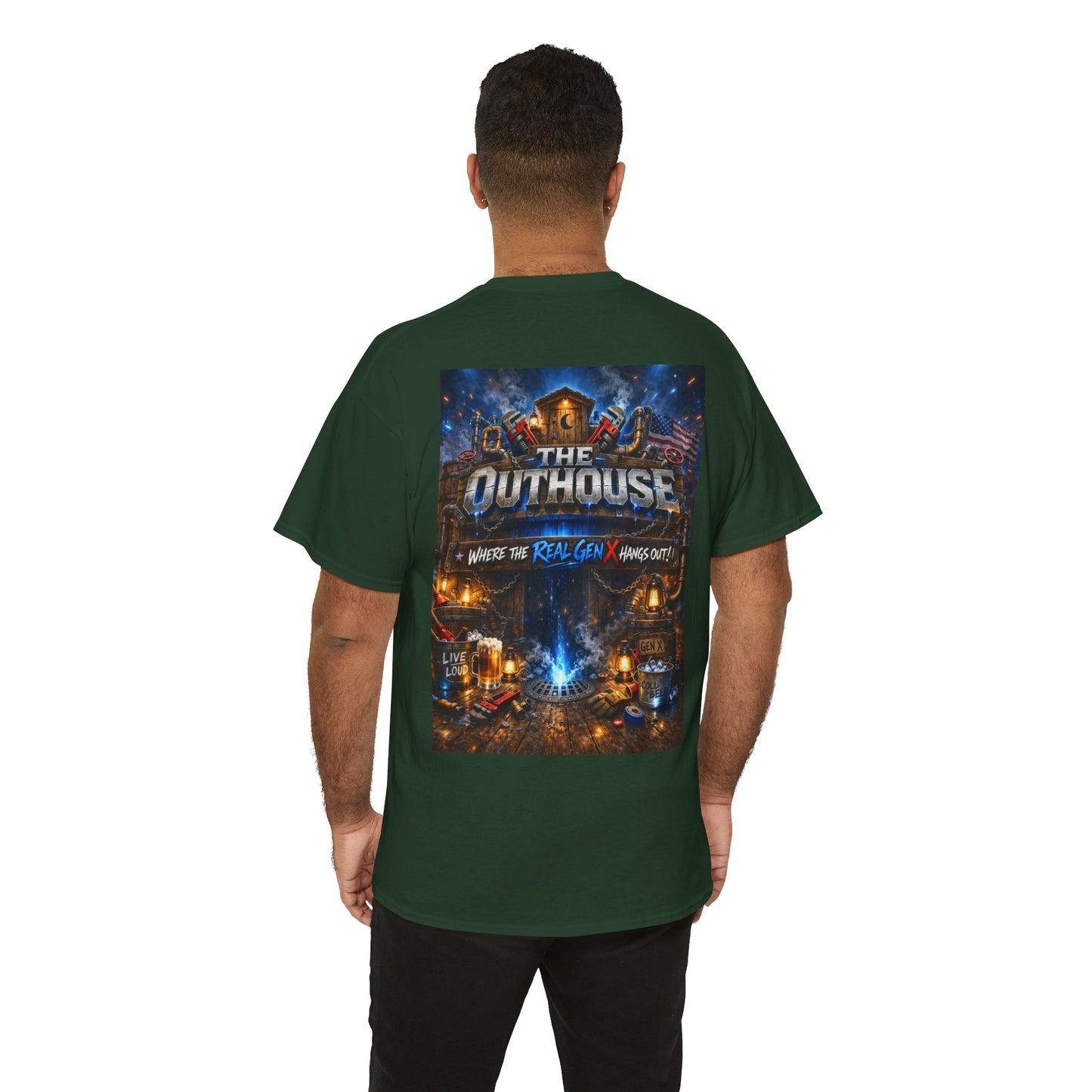 The Outhouse Gen X Tee — Retro Campfire Nostalgia Graphic T-Shirt