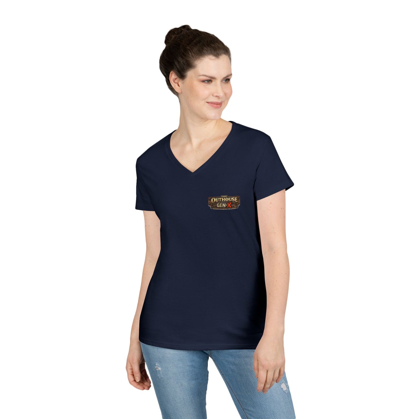 Outhouse Salute V-Neck Tee — Bold Back Graphic Ladies' T-Shirt