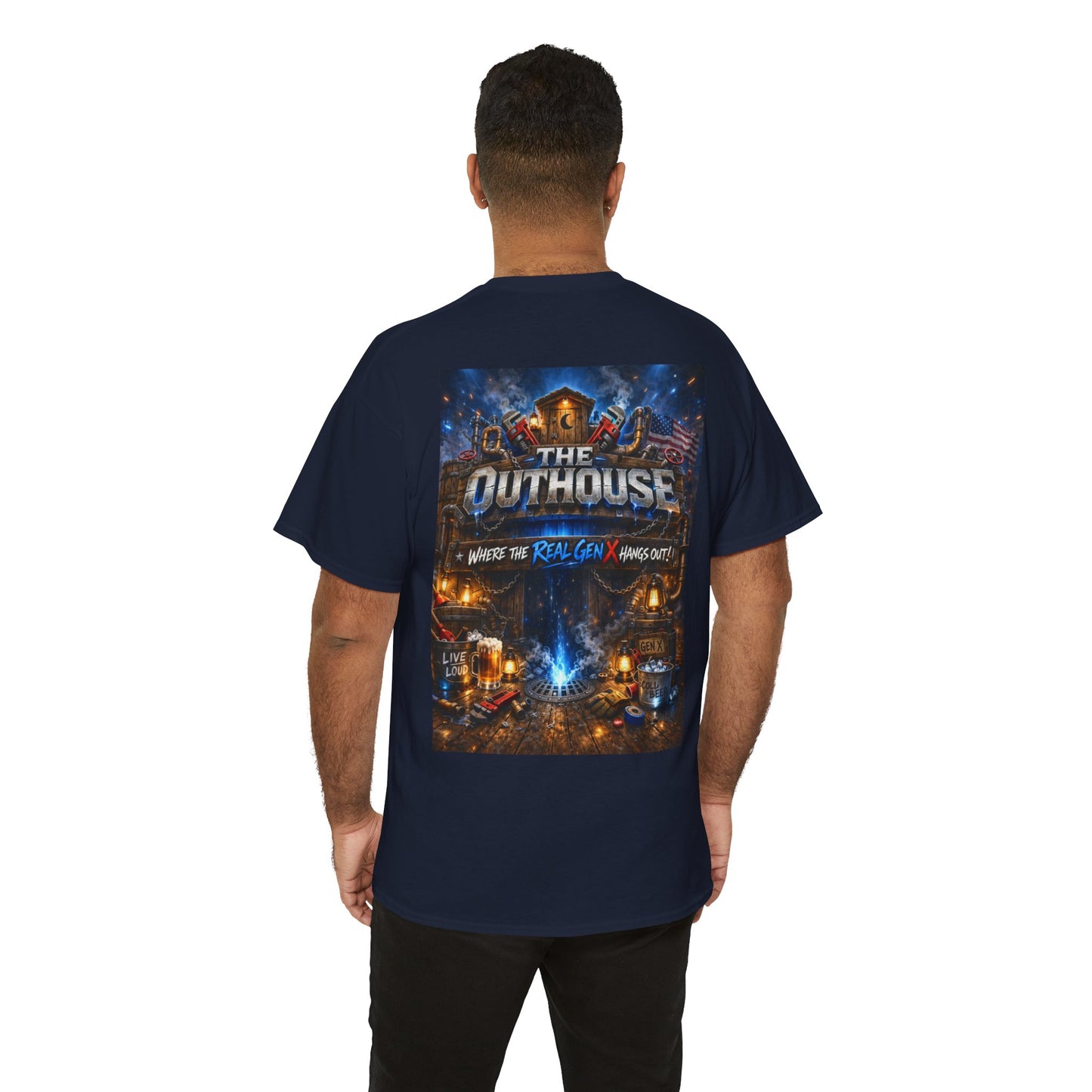 The Outhouse Gen X Tee — Retro Campfire Nostalgia Graphic T-Shirt