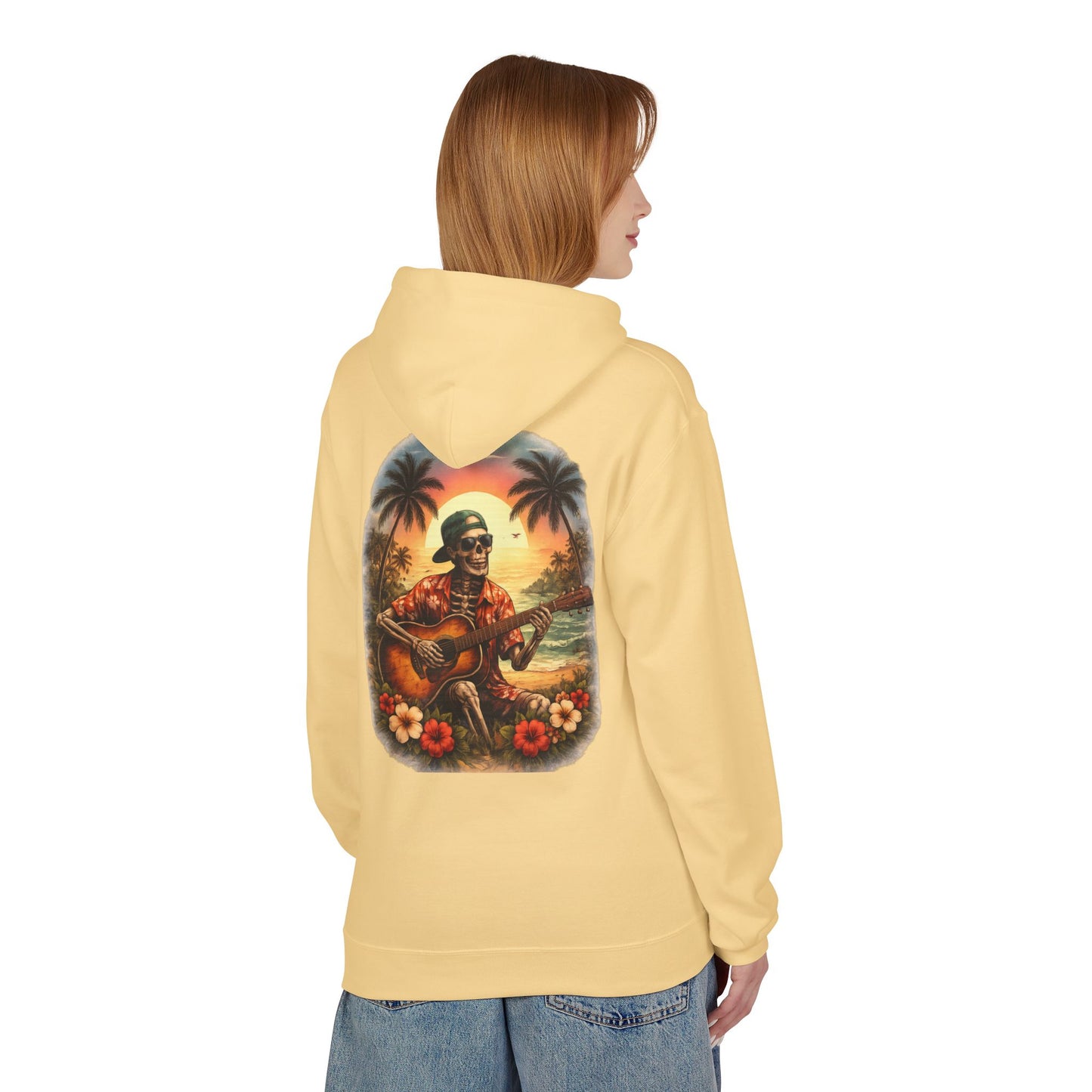 Hawaiian Skeleton Guitar Hoodie — Sunset Palm Vintage Rock Pullover