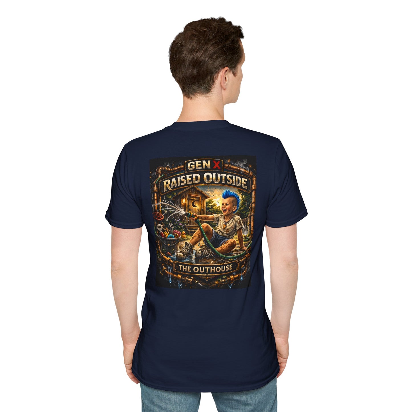 Raised Outside Outhouse Tee — Gen X Retro Outdoor Humor T-Shirt