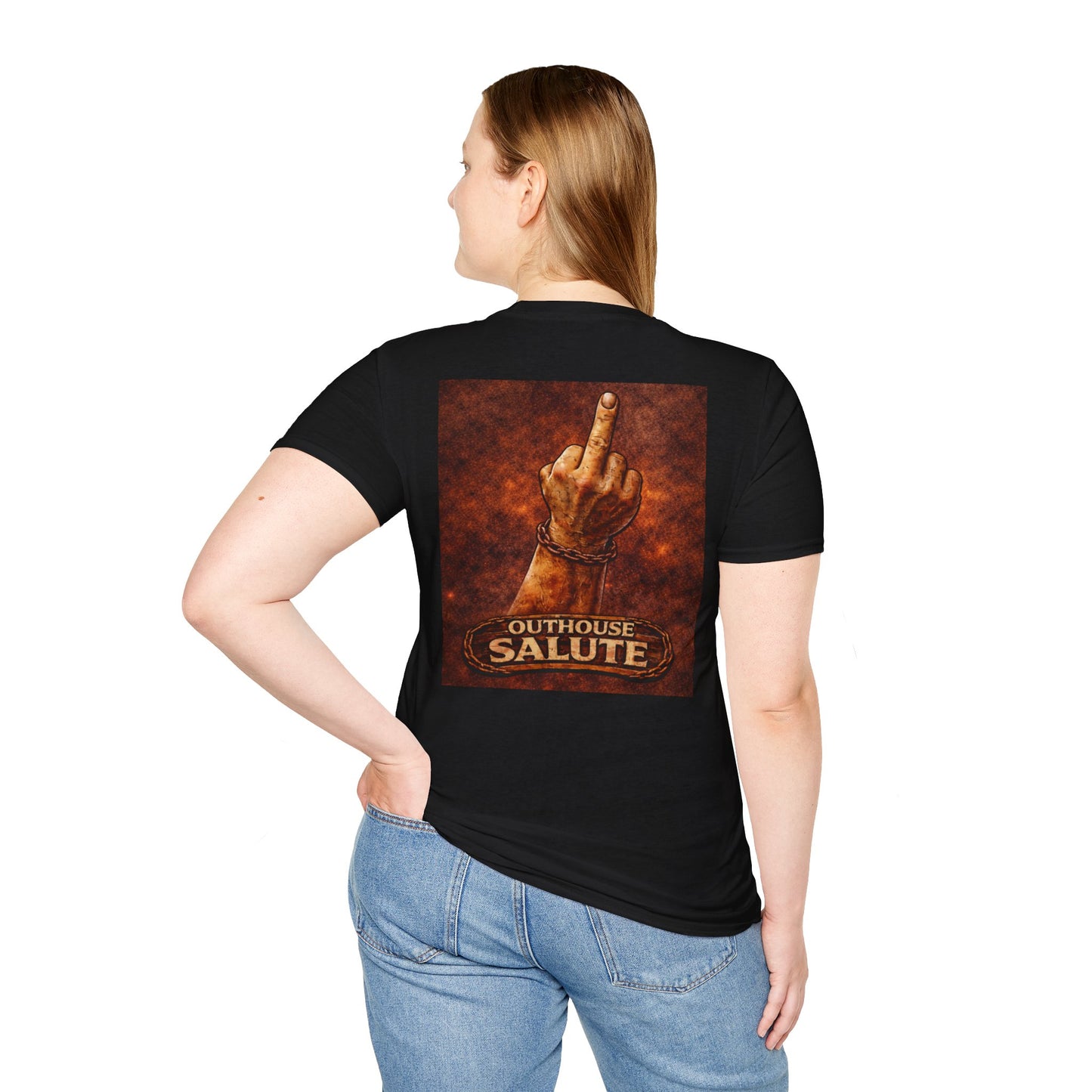 Outhouse Salute T-Shirt — Rustic Hand Gesture Graphic Tee