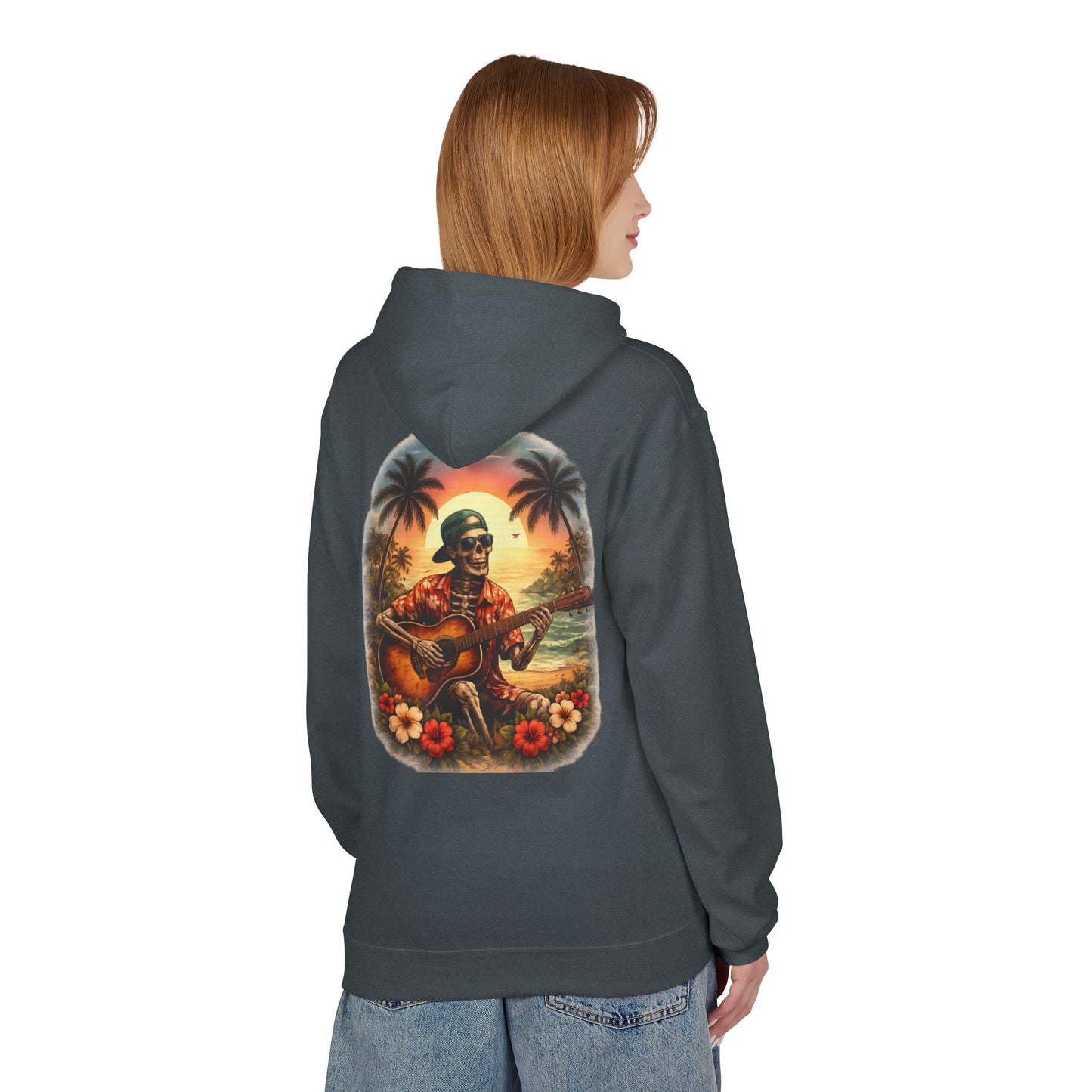 Hawaiian Skeleton Guitar Hoodie — Sunset Palm Vintage Rock Pullover