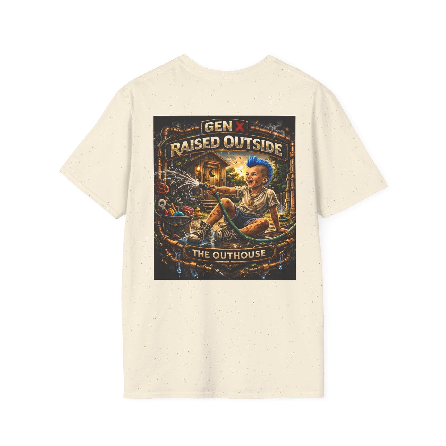 Raised Outside Outhouse Tee — Gen X Retro Outdoor Humor T-Shirt
