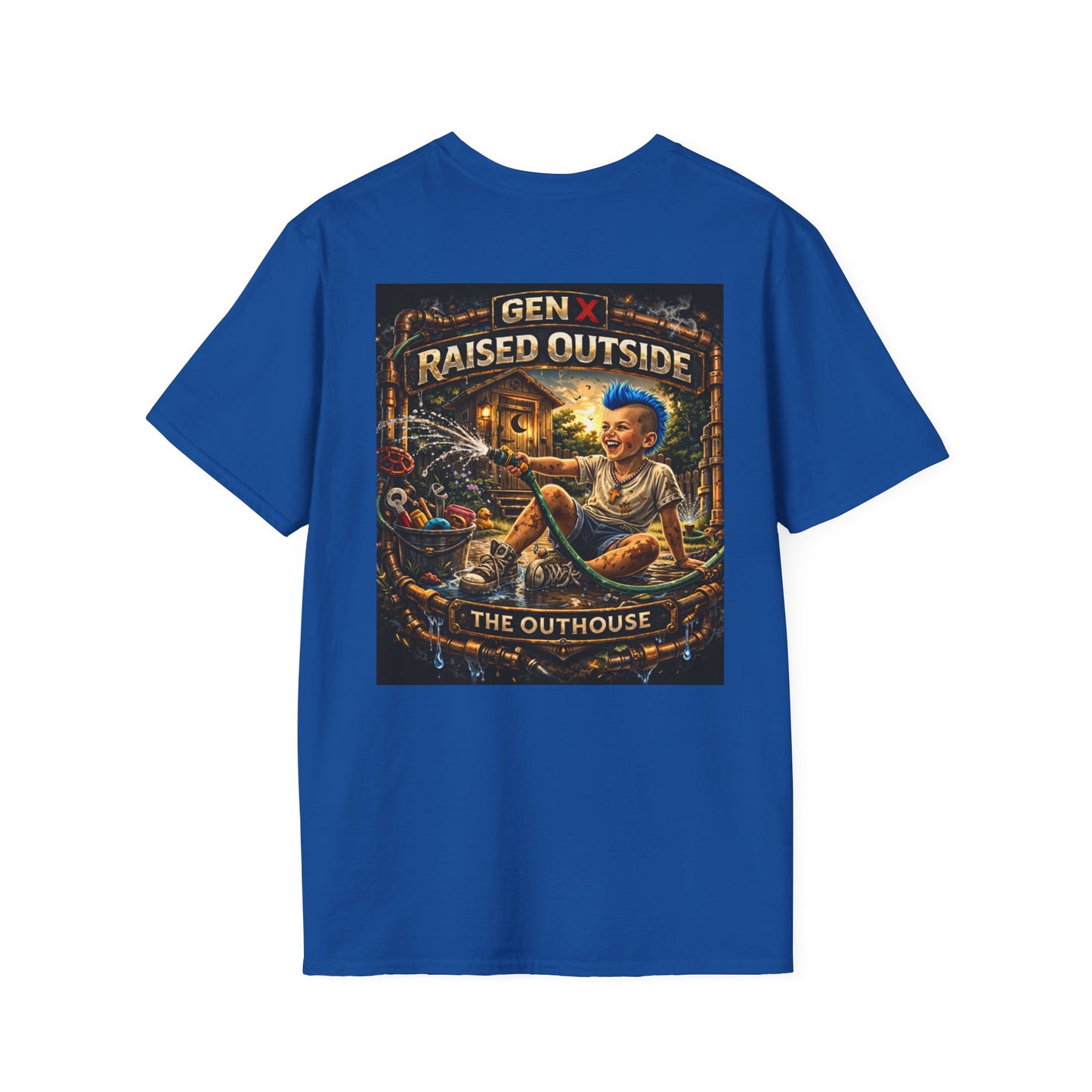 Raised Outside Outhouse Tee — Gen X Retro Outdoor Humor T-Shirt