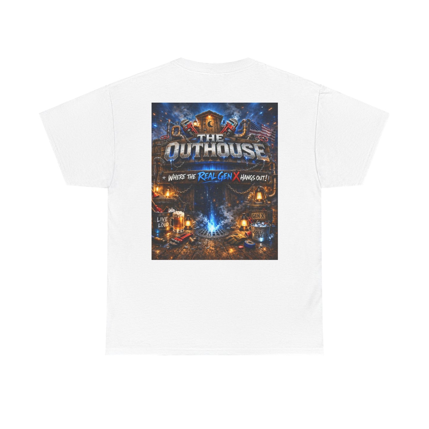 The Outhouse Gen X Tee — Retro Campfire Nostalgia Graphic T-Shirt