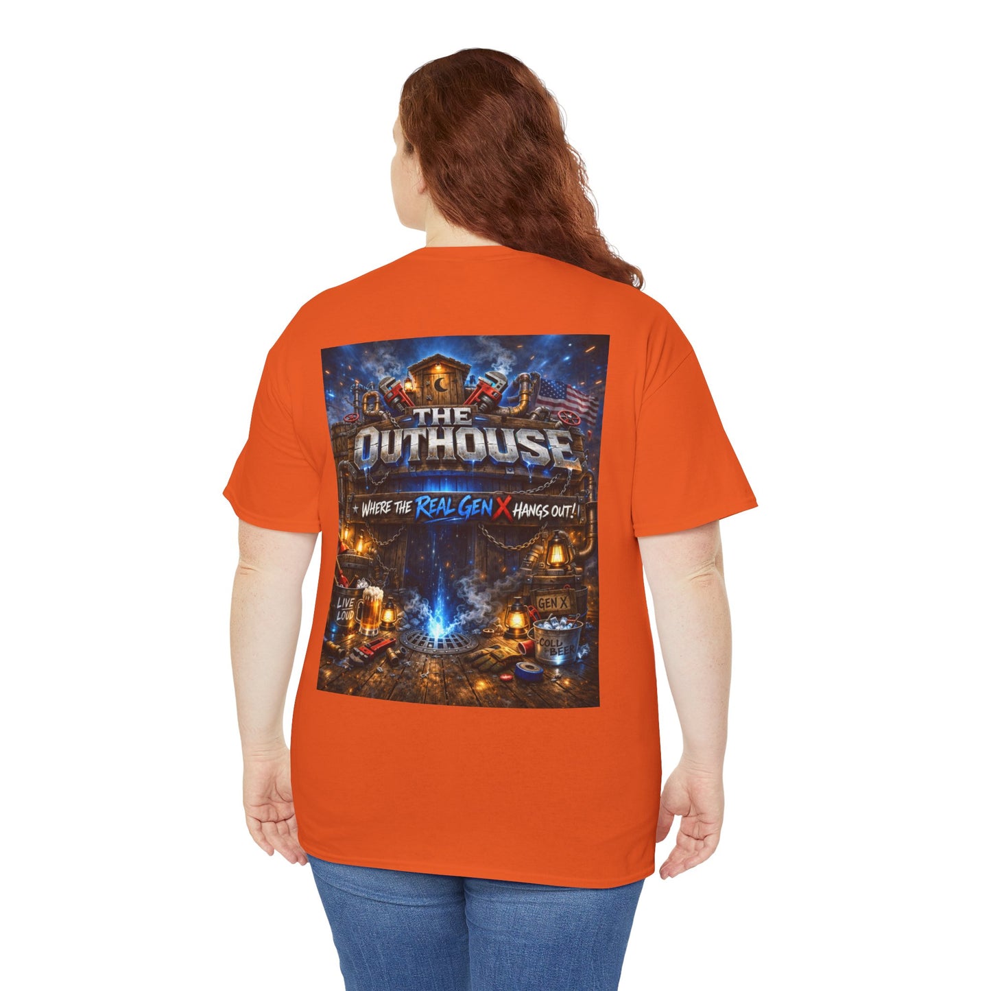 The Outhouse Gen X Tee — Retro Campfire Nostalgia Graphic T-Shirt