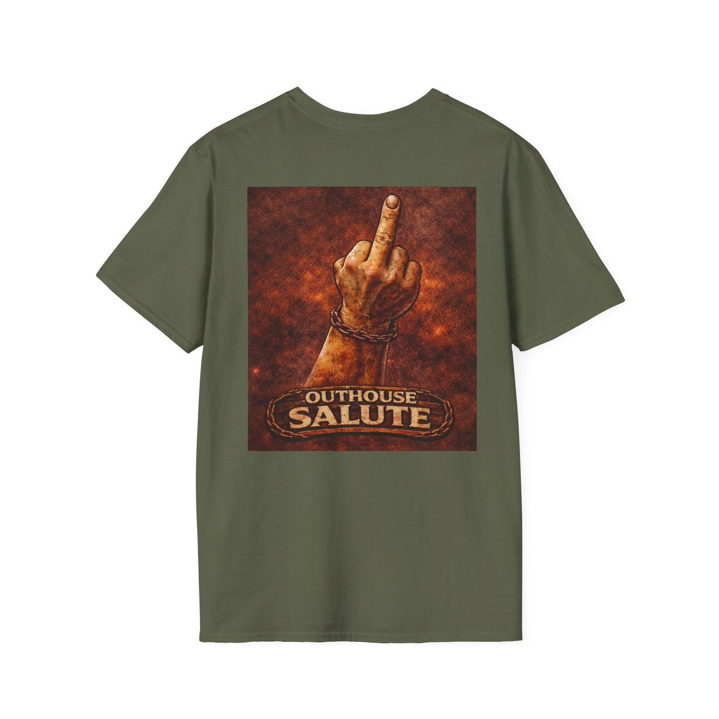 Outhouse Salute T-Shirt — Rustic Hand Gesture Graphic Tee