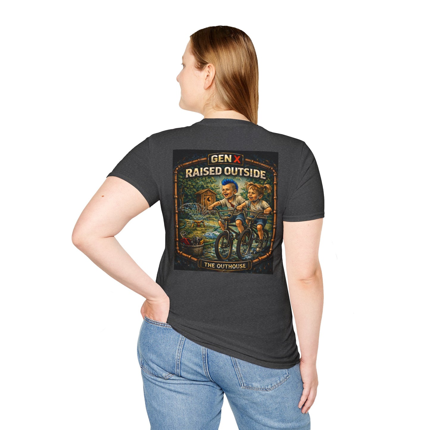 Gen X "Raised Outside" T-Shirt — Retro Outhouse Vintage Graphic Tee