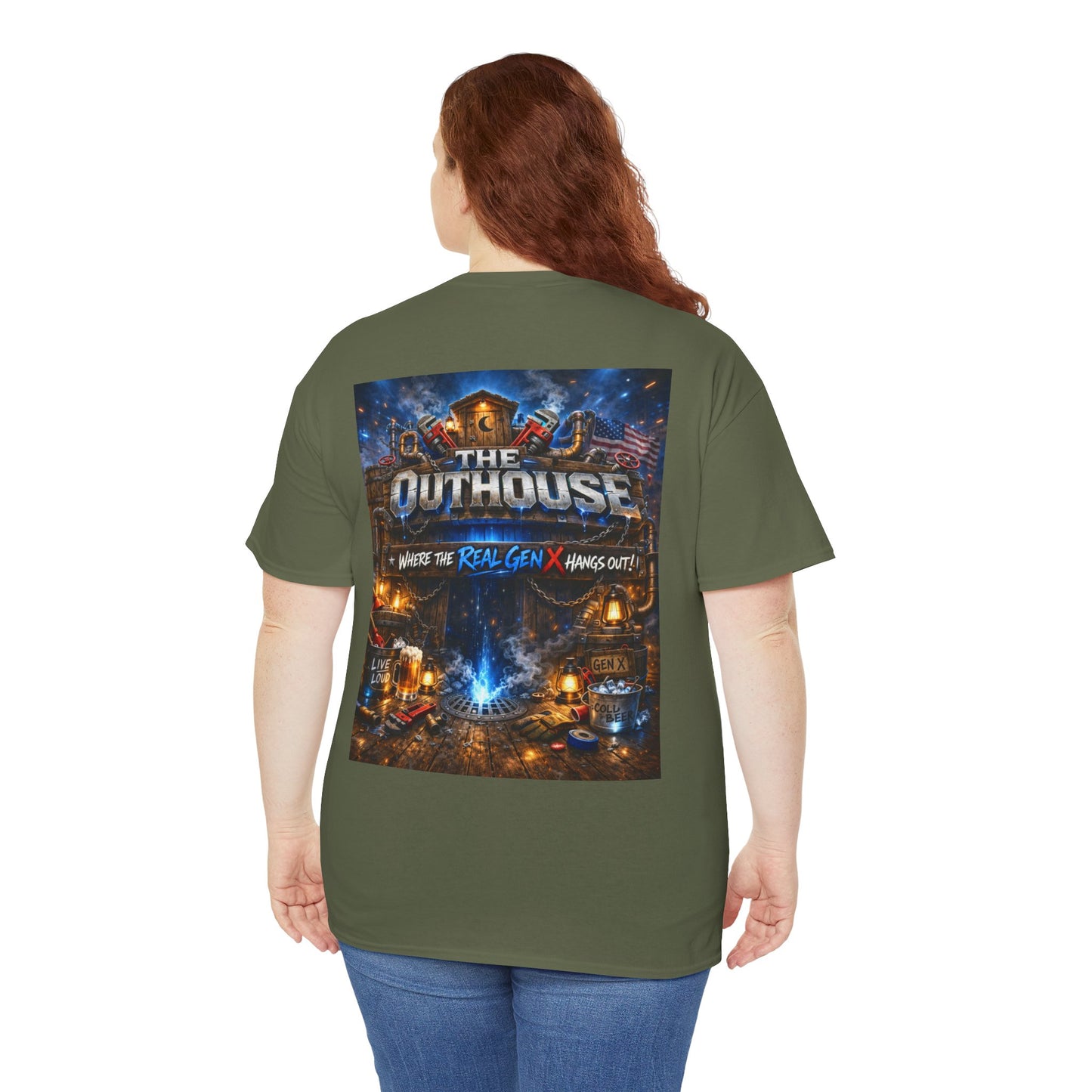 The Outhouse Gen X Tee — Retro Campfire Nostalgia Graphic T-Shirt