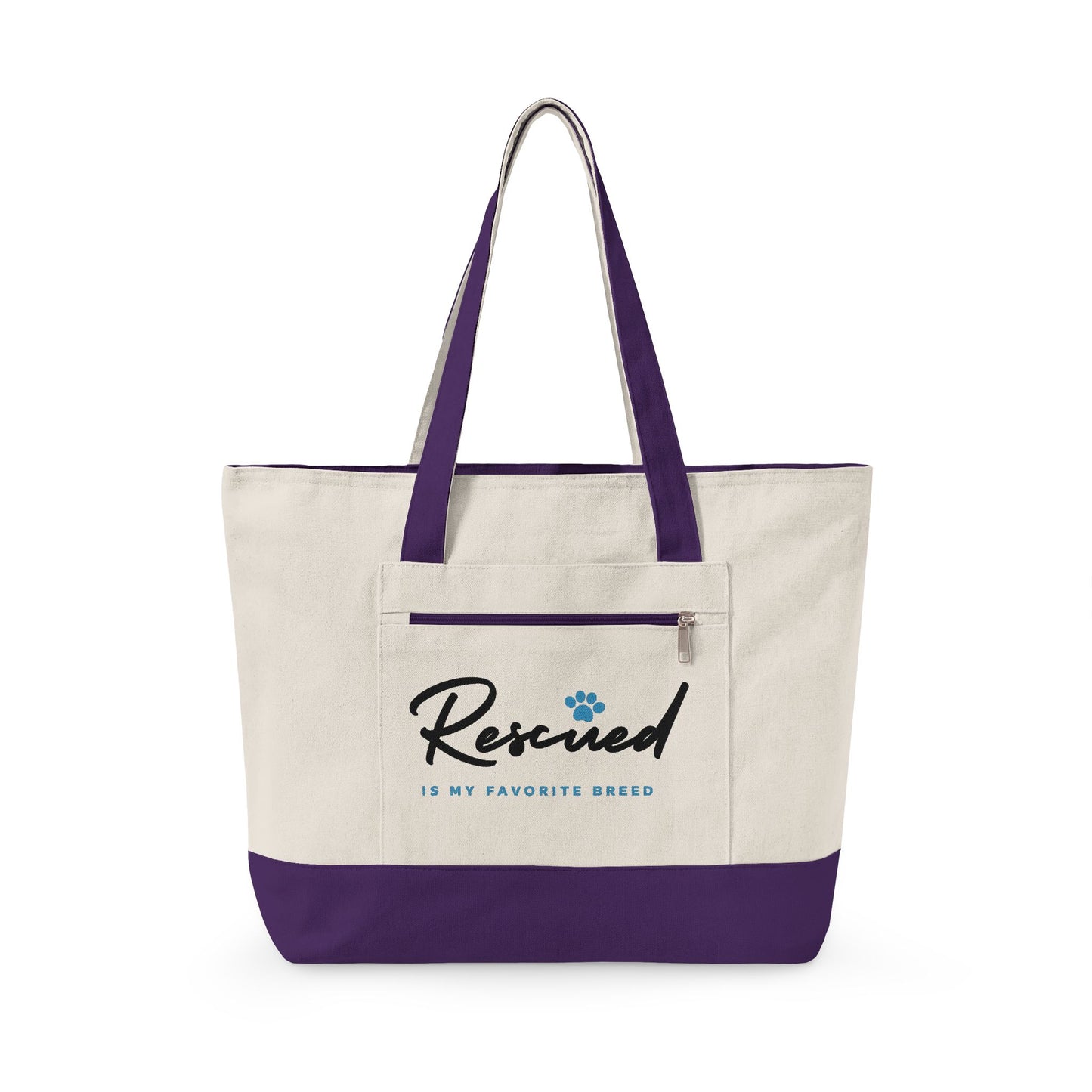 Canvas Tote Bag – "Rescued is My Favorite Breed" Zippered Reusable Shopper