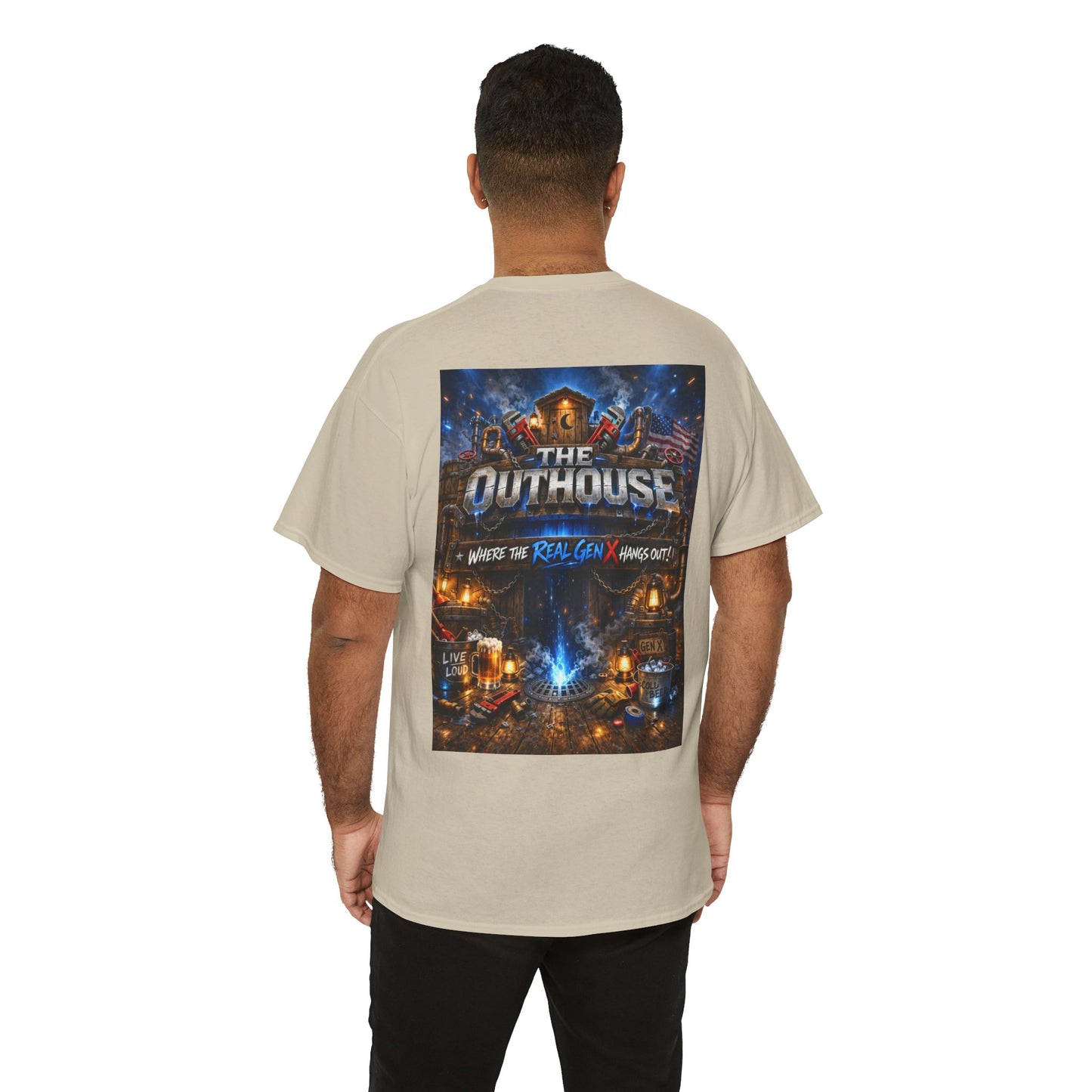 The Outhouse Gen X Tee — Retro Campfire Nostalgia Graphic T-Shirt