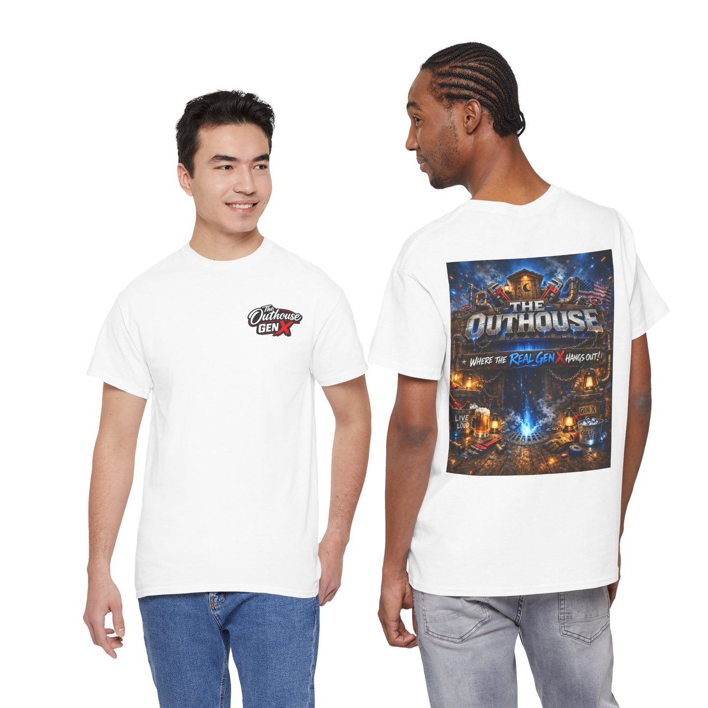 The Outhouse Gen X Tee — Retro Campfire Nostalgia Graphic T-Shirt