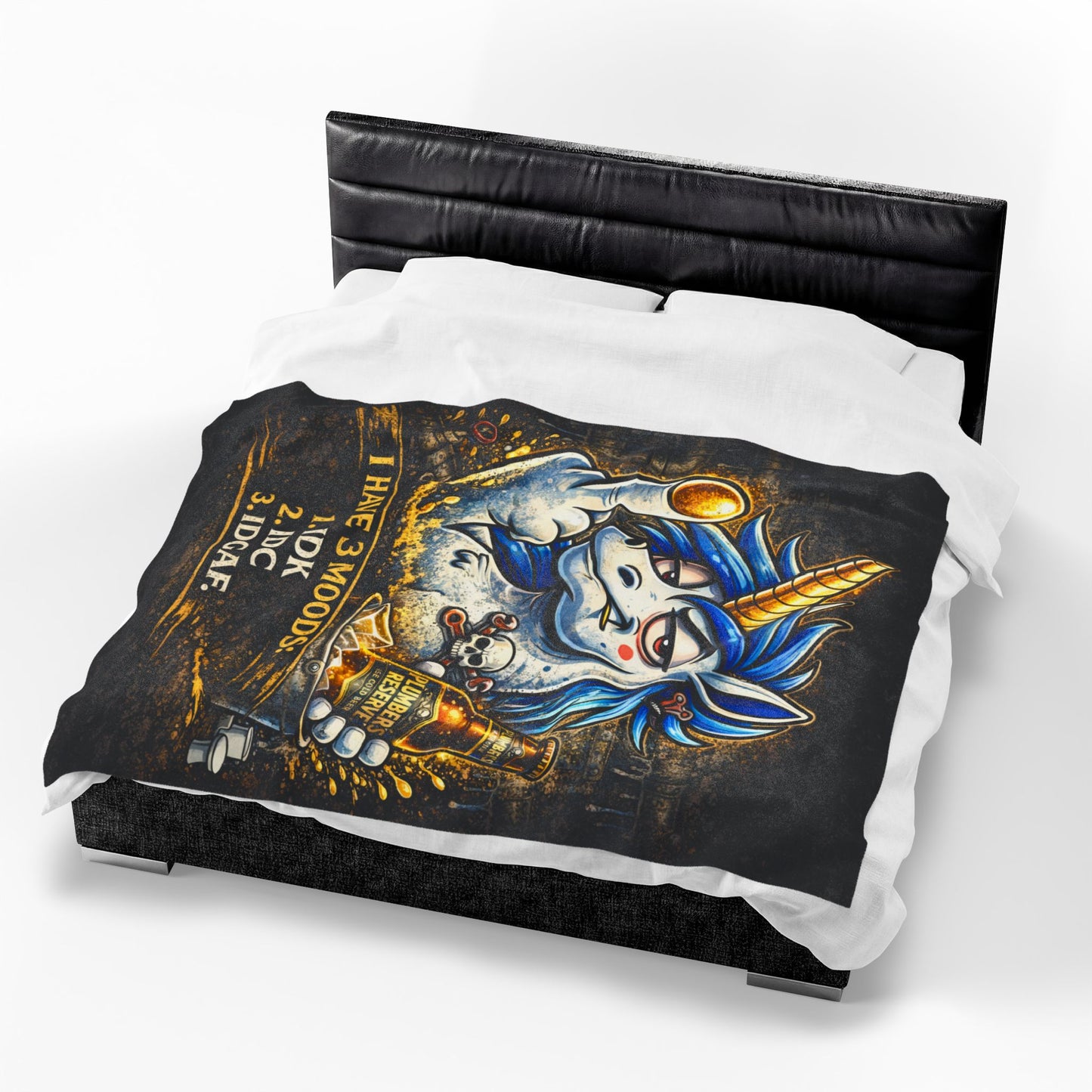 Velveteen Plush Blanket — Funny Unicorn ‘I Have 3 Moods: IDK, IDC, IDGAF’ Throw