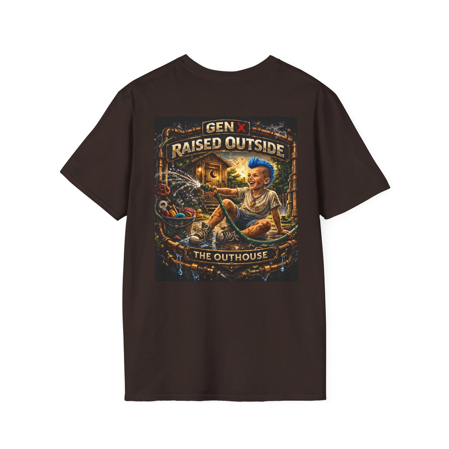 Raised Outside Outhouse Tee — Gen X Retro Outdoor Humor T-Shirt