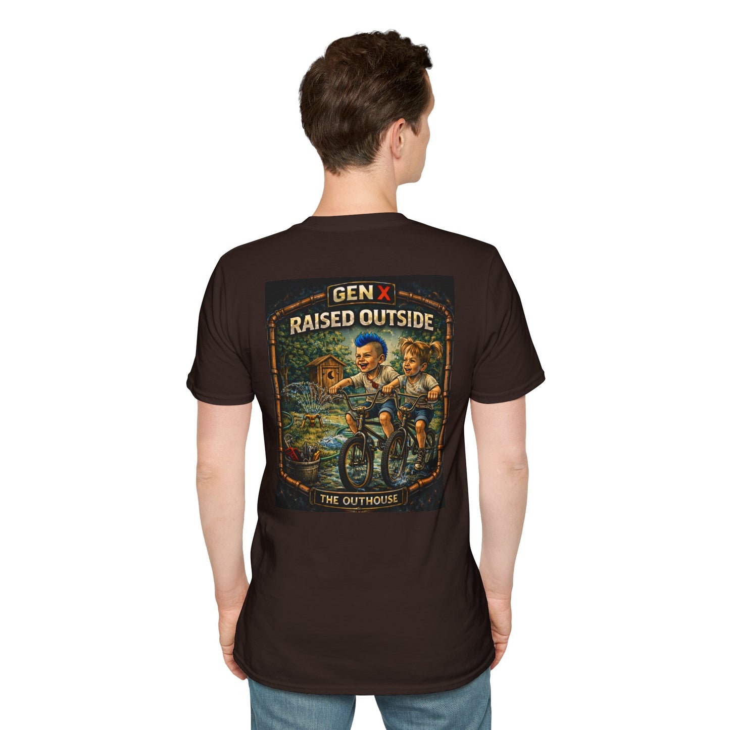 Gen X "Raised Outside" T-Shirt — Retro Outhouse Vintage Graphic Tee