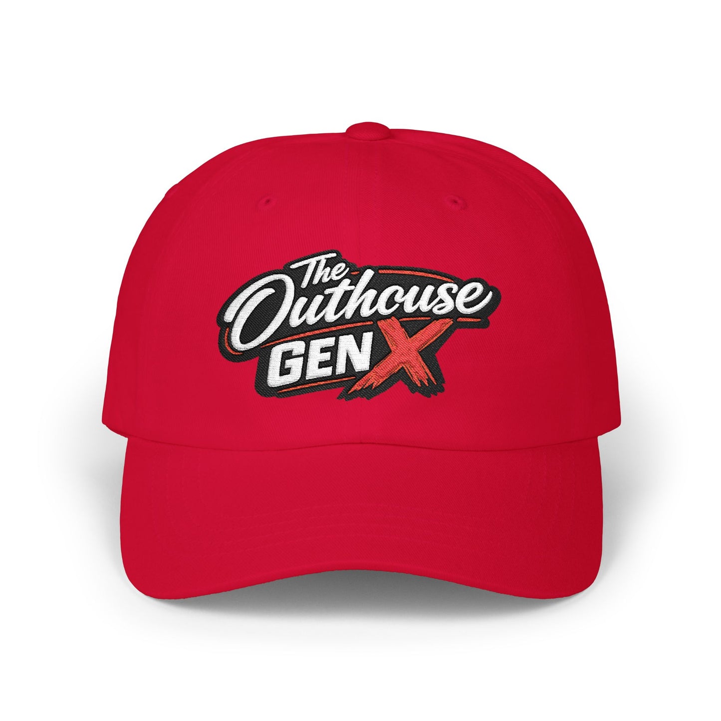 Outhouse Gen‑X Dad Cap — Bold Red X Logo Hat
