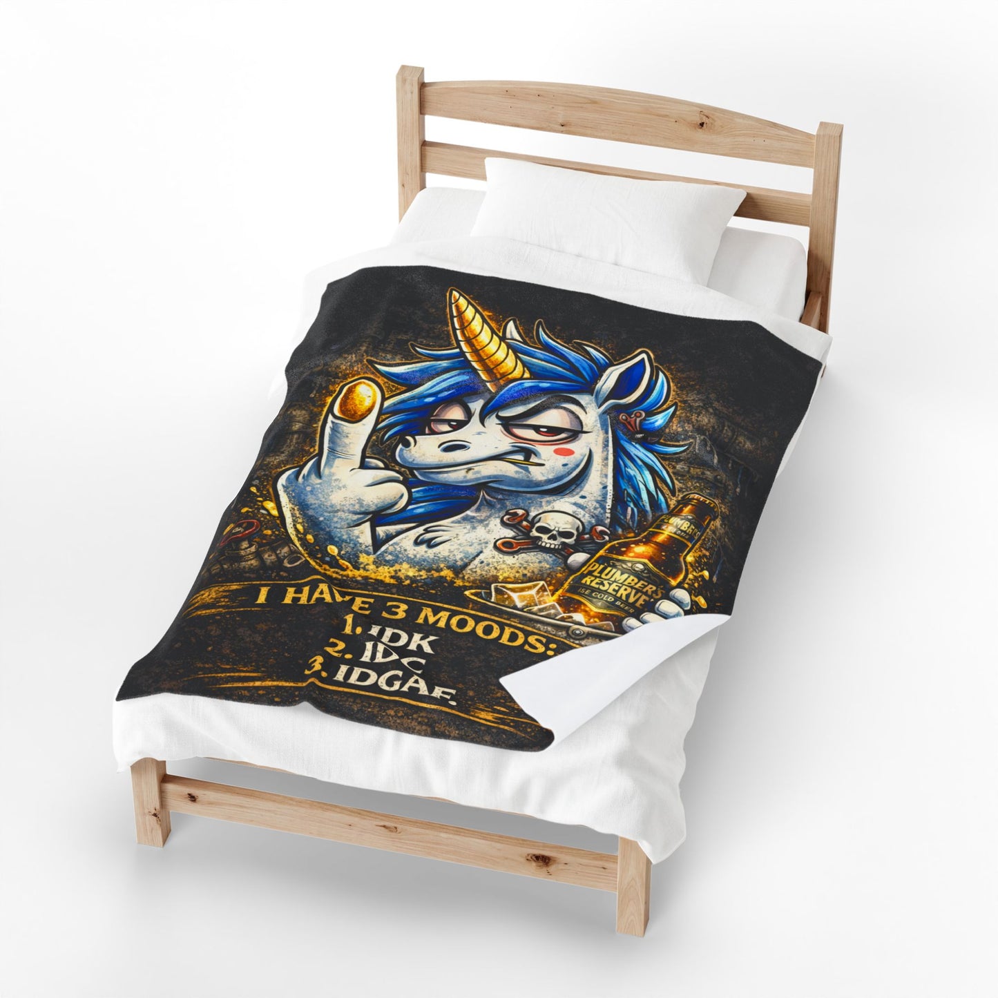 Velveteen Plush Blanket — Funny Unicorn ‘I Have 3 Moods: IDK, IDC, IDGAF’ Throw