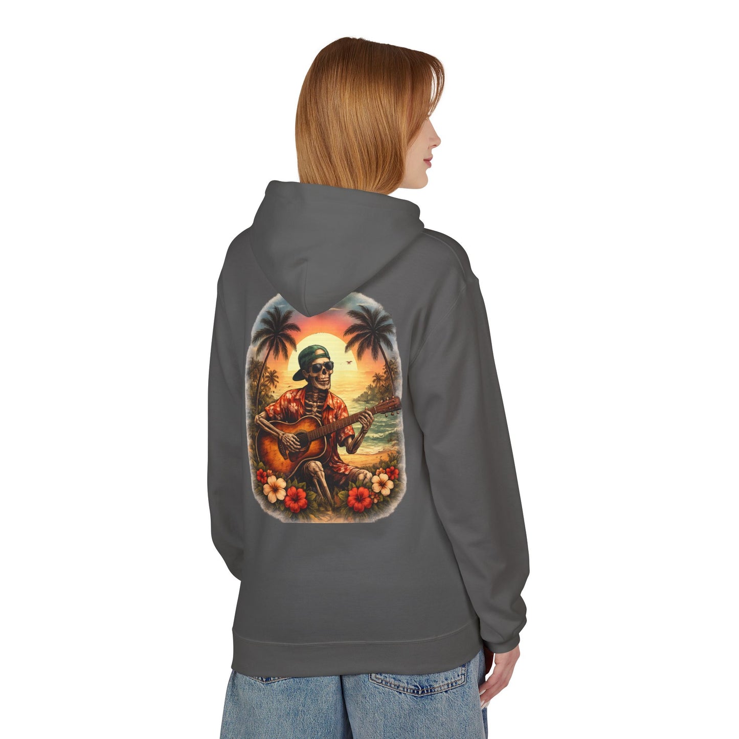 Hawaiian Skeleton Guitar Hoodie — Sunset Palm Vintage Rock Pullover