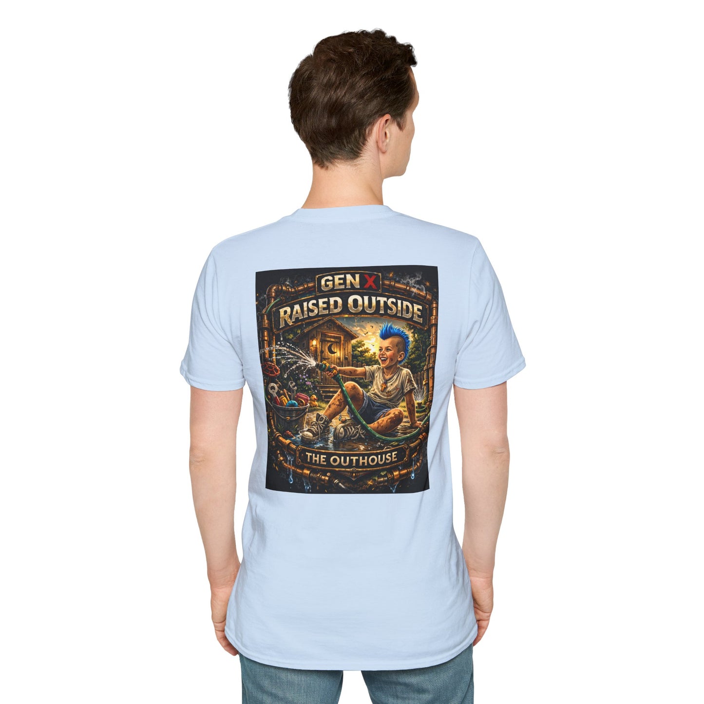 Raised Outside Outhouse Tee — Gen X Retro Outdoor Humor T-Shirt