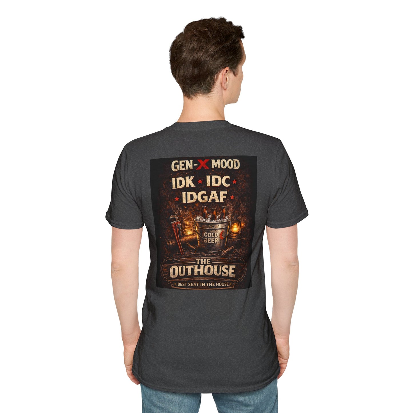 Outhouse Gen-X T-Shirt — "Gen-X Mood: IDK • IDC • IDGAF" Retro Beer Graphic