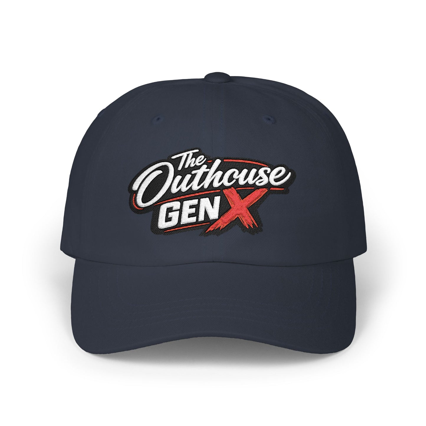 Outhouse Gen‑X Dad Cap — Bold Red X Logo Hat