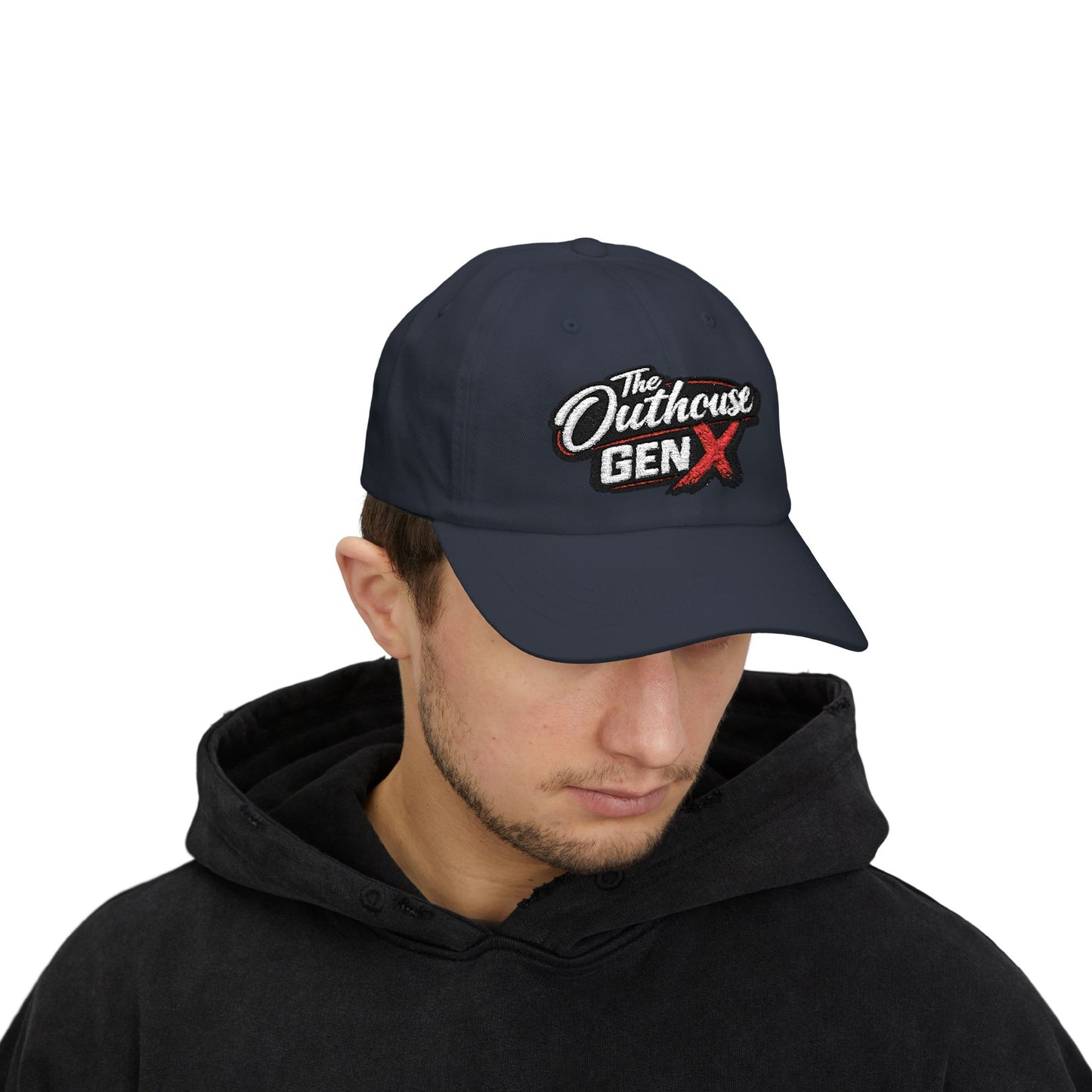 Outhouse Gen‑X Dad Cap — Bold Red X Logo Hat