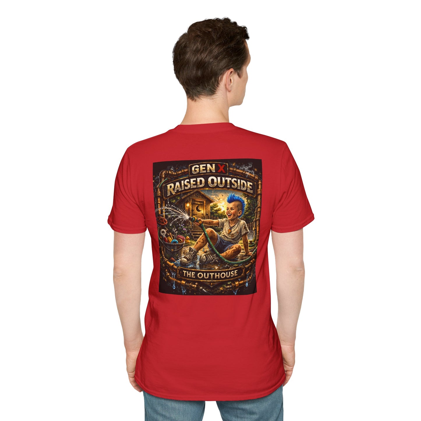Raised Outside Outhouse Tee — Gen X Retro Outdoor Humor T-Shirt