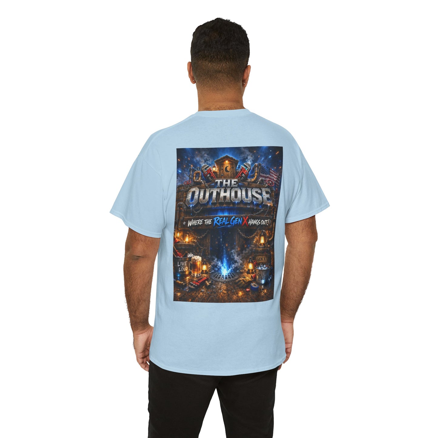 The Outhouse Gen X Tee — Retro Campfire Nostalgia Graphic T-Shirt