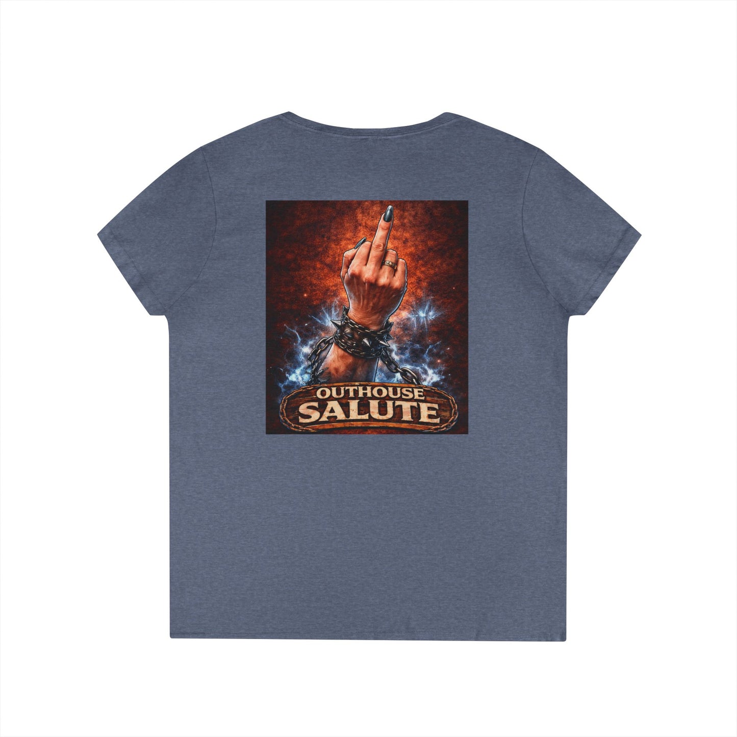 Outhouse Salute V-Neck Tee — Bold Back Graphic Ladies' T-Shirt