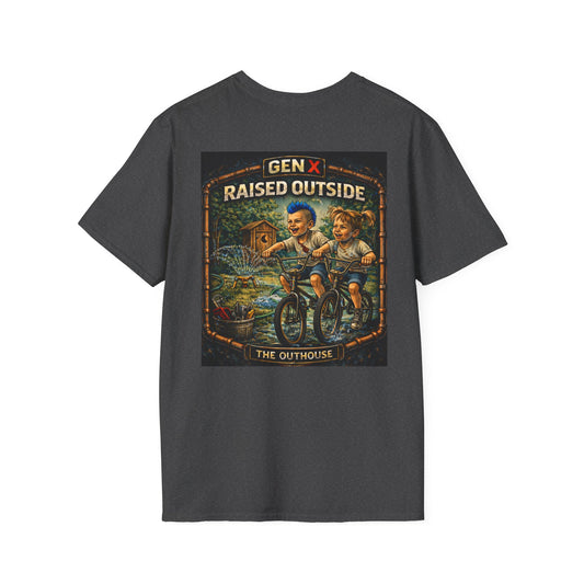 Gen X "Raised Outside" T-Shirt — Retro Outhouse Vintage Graphic Tee