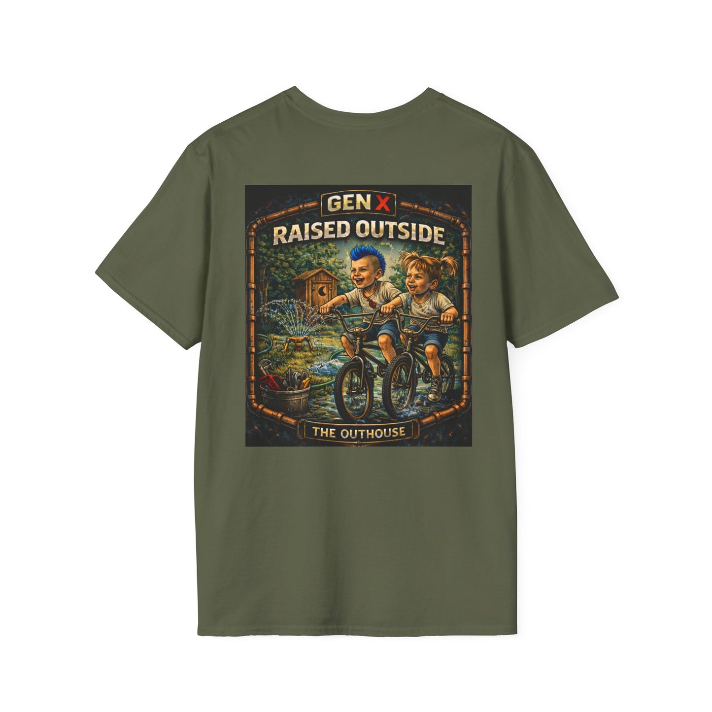 Gen X "Raised Outside" T-Shirt — Retro Outhouse Vintage Graphic Tee