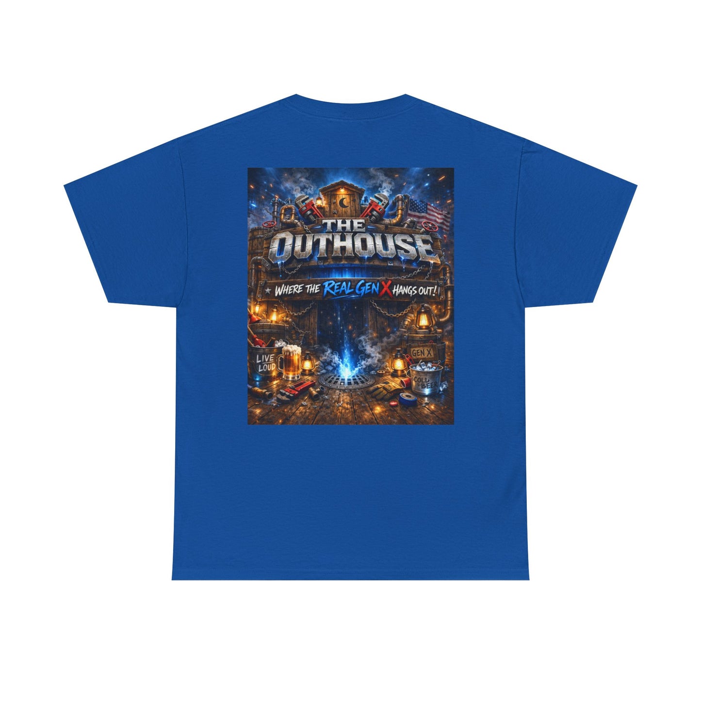 The Outhouse Gen X Tee — Retro Campfire Nostalgia Graphic T-Shirt