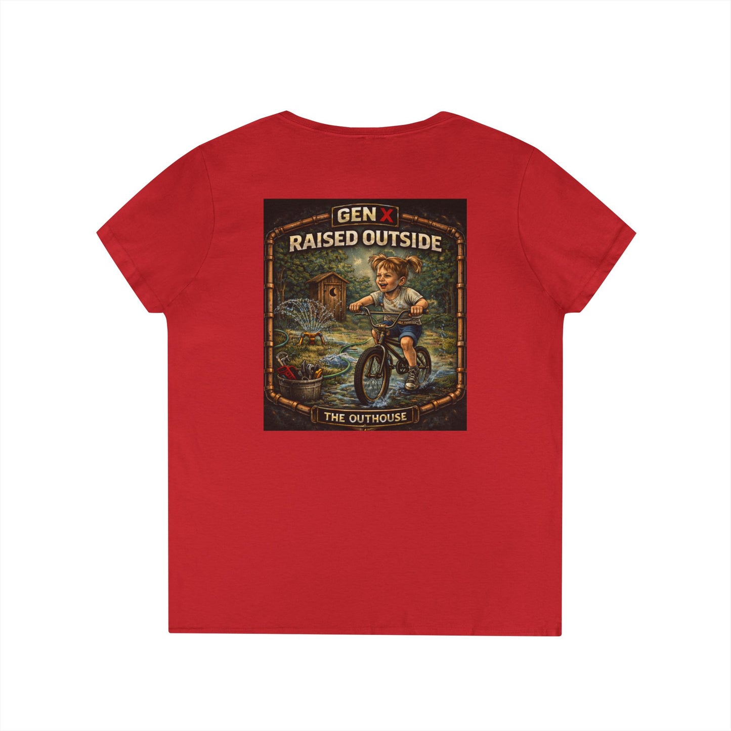 Gen X Raised Outside V‑Neck Tee — "Raised Outside" Retro Bike Graphic