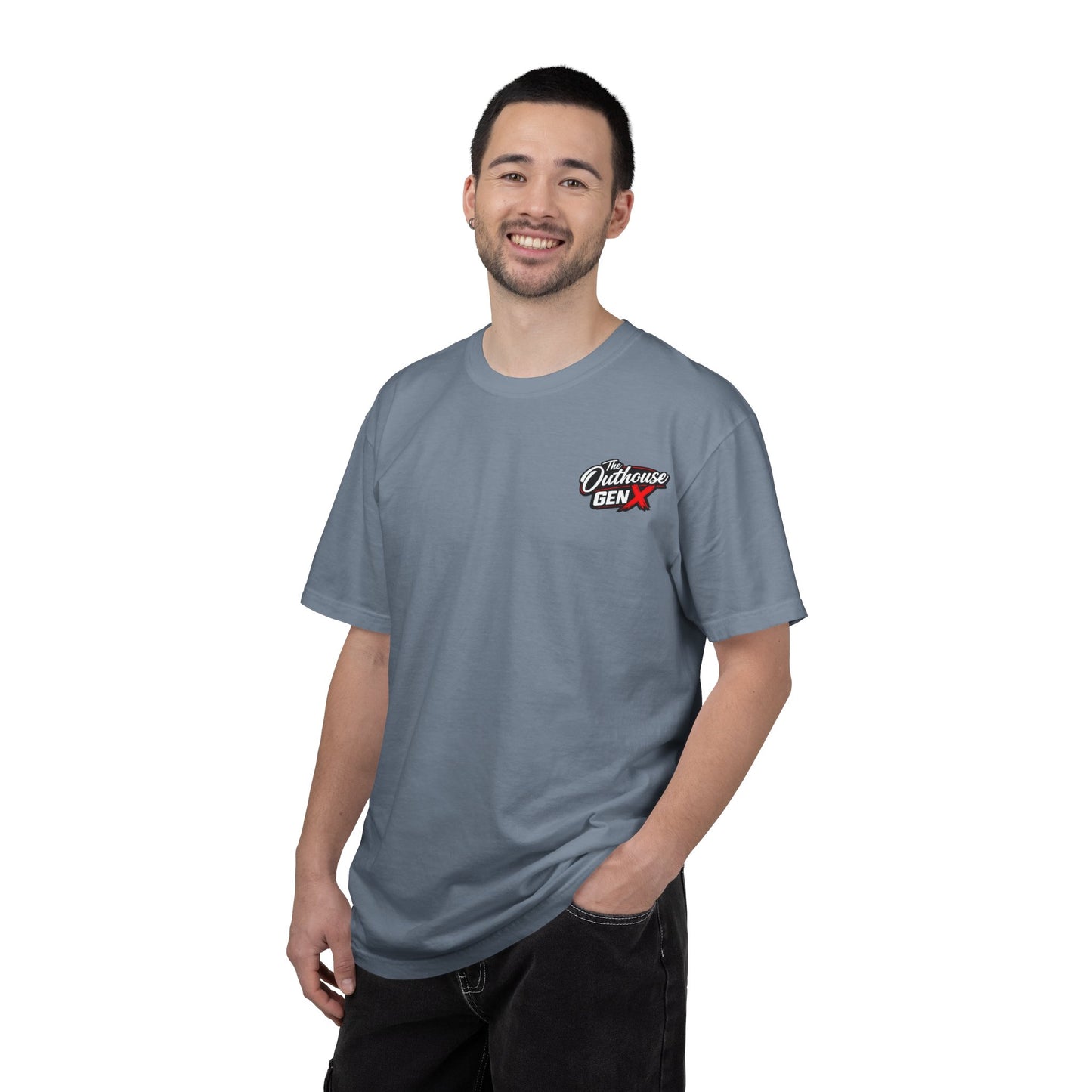 Outhouse Gen X Graphic T-Shirt — Vintage Campfire Adventure Back Print