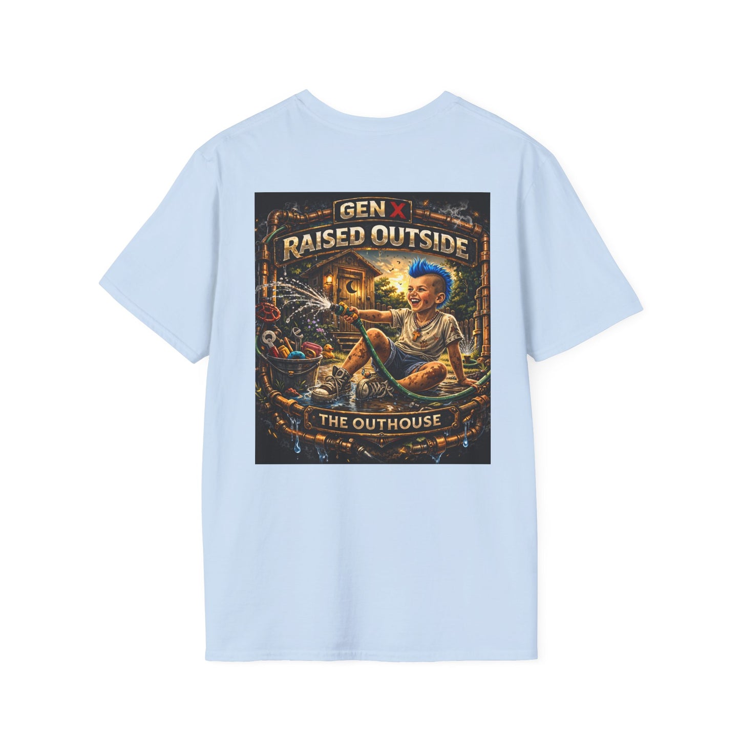 Raised Outside Outhouse Tee — Gen X Retro Outdoor Humor T-Shirt