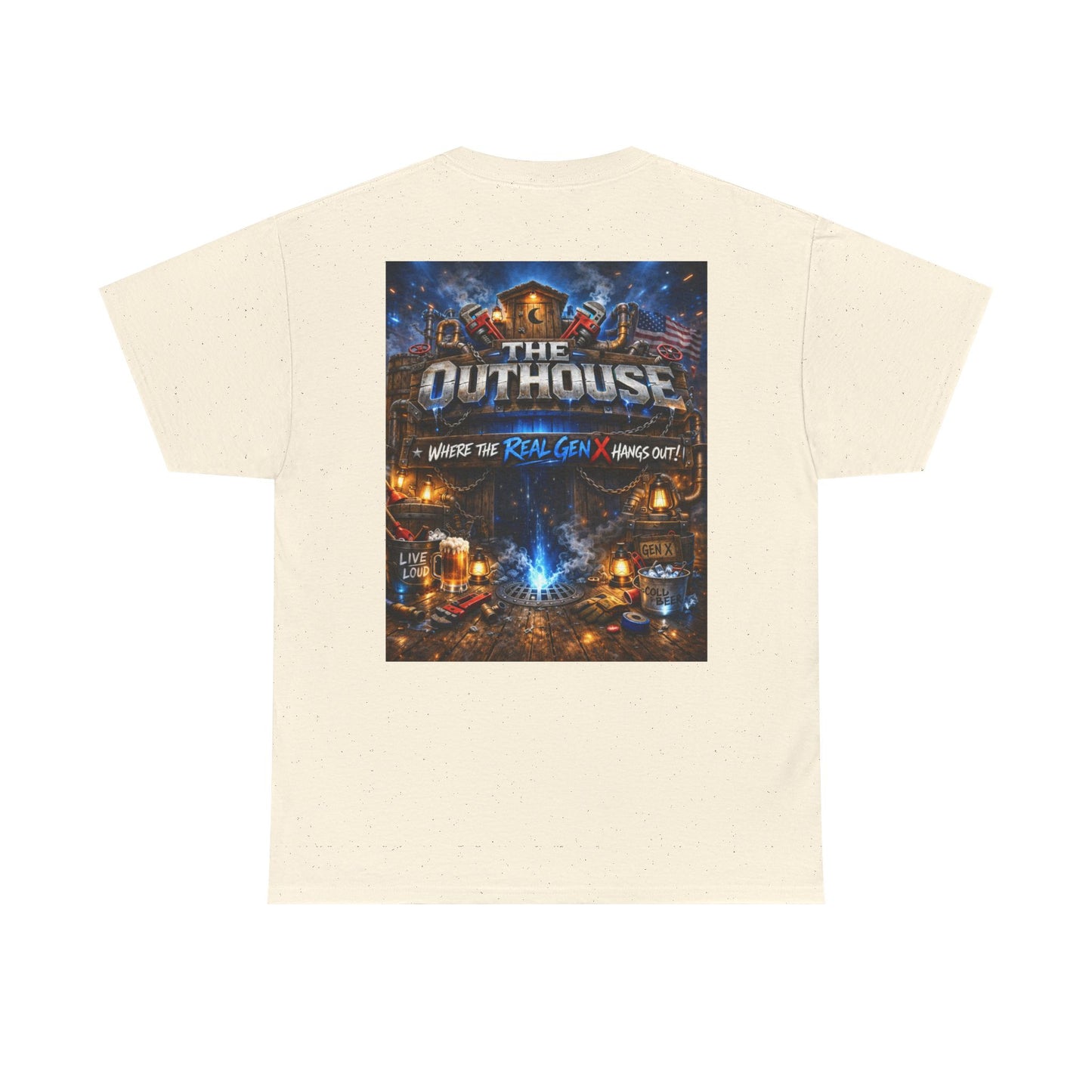 The Outhouse Gen X Tee — Retro Campfire Nostalgia Graphic T-Shirt