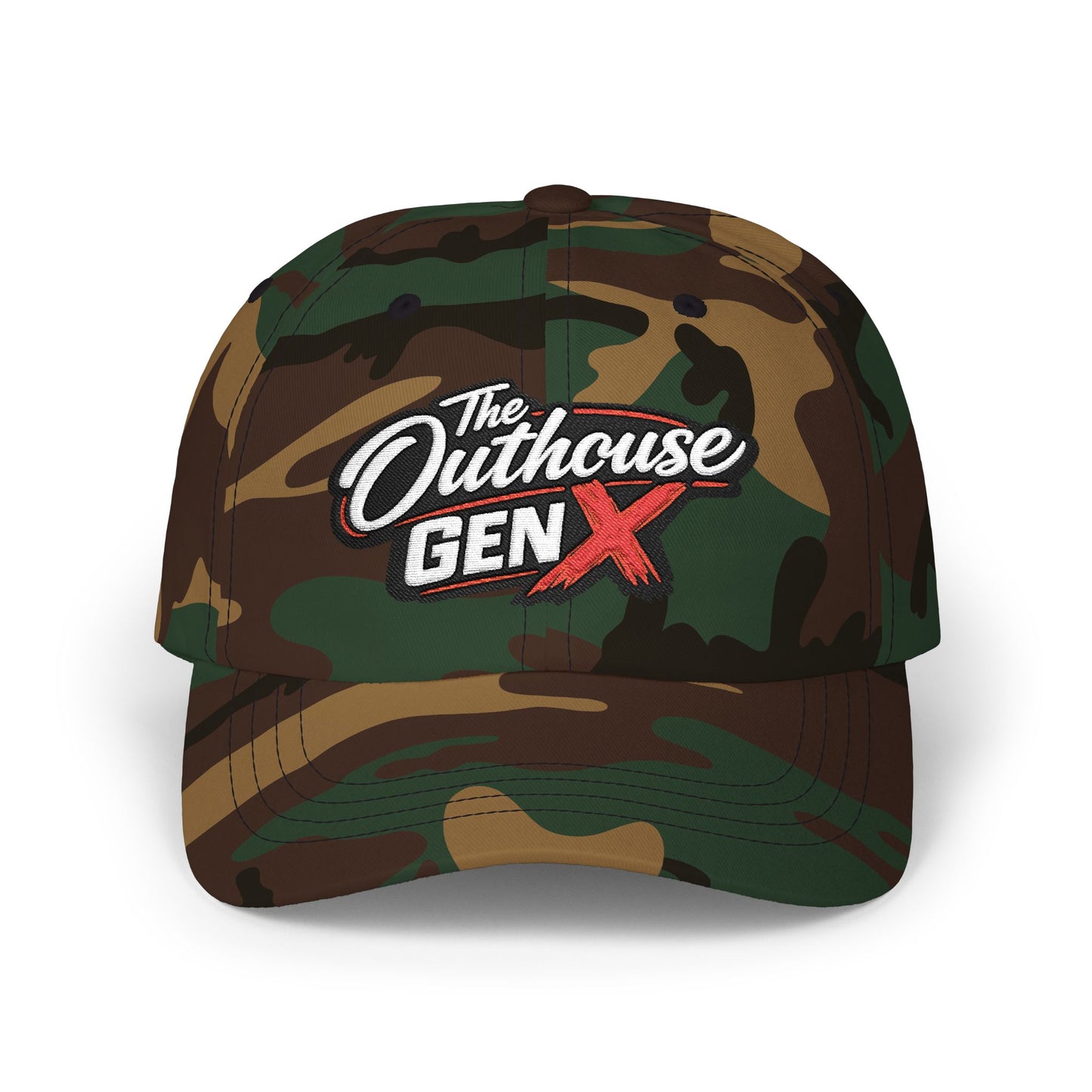 Outhouse Gen‑X Dad Cap — Bold Red X Logo Hat