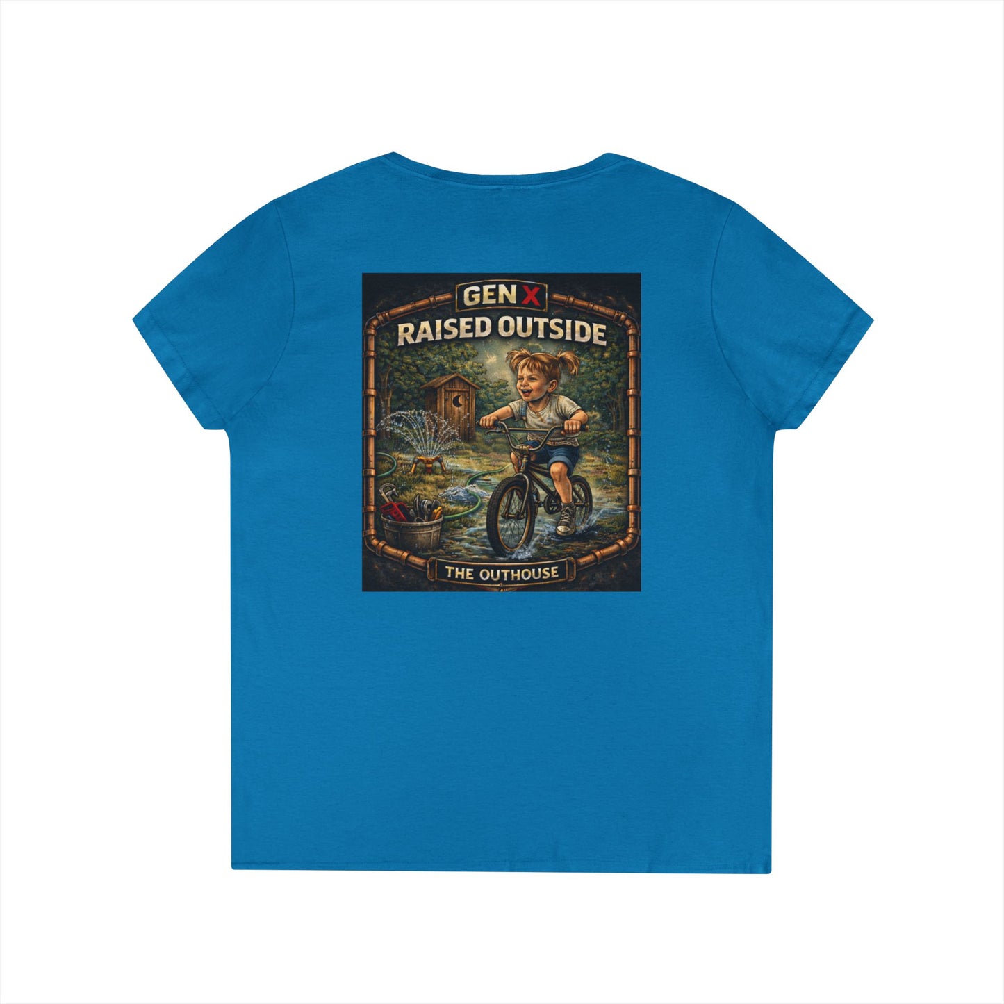 Gen X Raised Outside V‑Neck Tee — "Raised Outside" Retro Bike Graphic