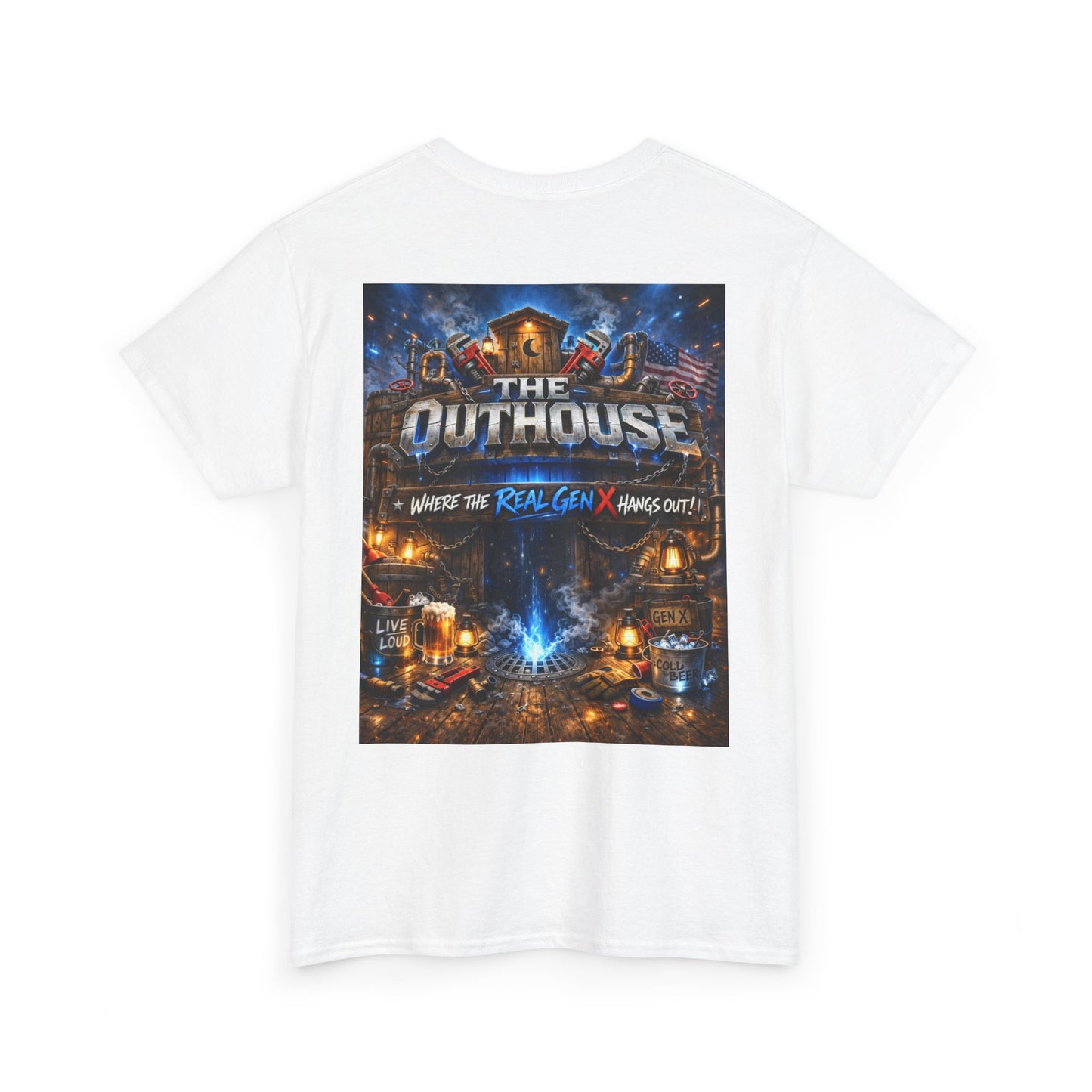 The Outhouse Gen X Tee — Retro Campfire Nostalgia Graphic T-Shirt