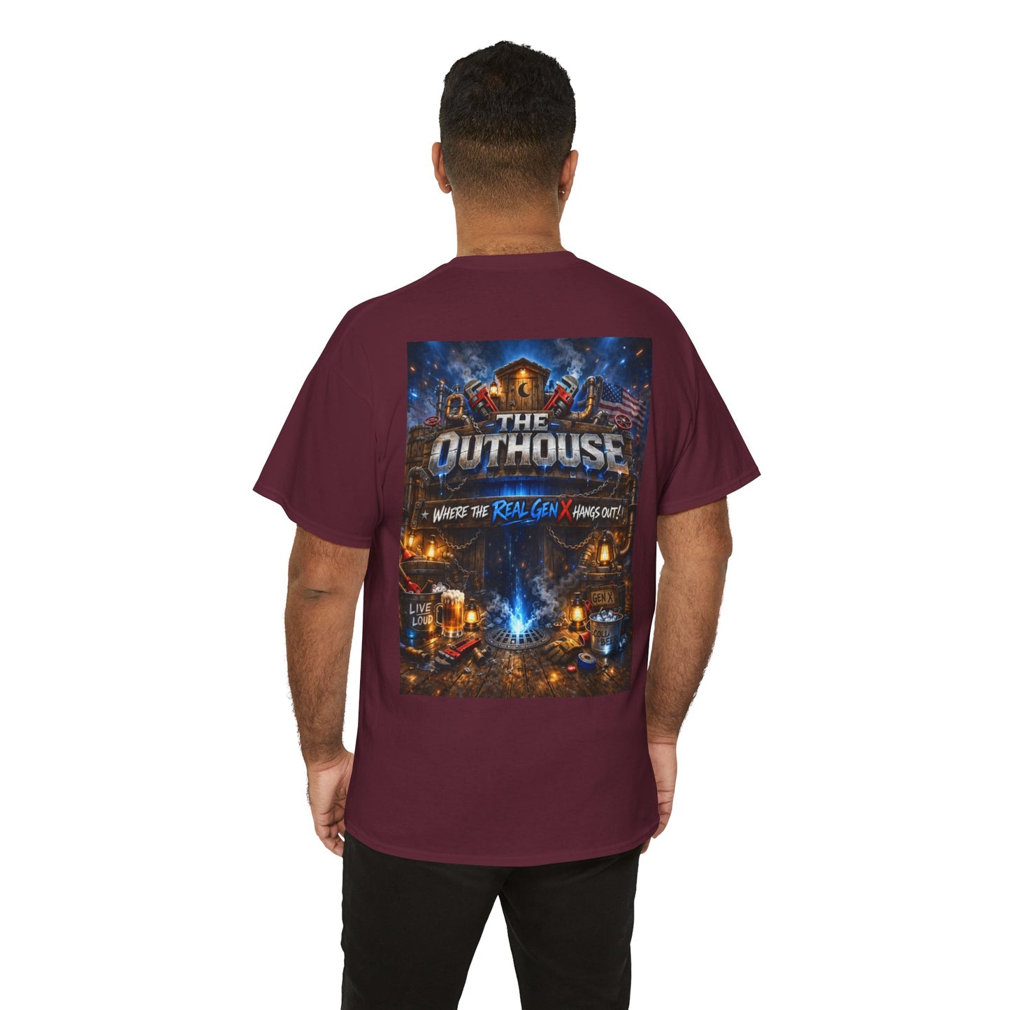 The Outhouse Gen X Tee — Retro Campfire Nostalgia Graphic T-Shirt