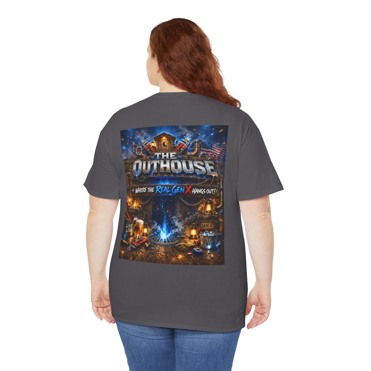 The Outhouse Gen X Tee — Retro Campfire Nostalgia Graphic T-Shirt