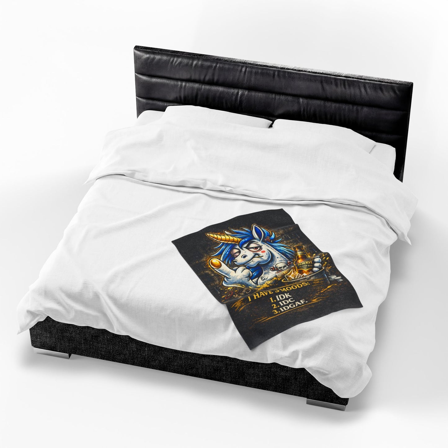 Velveteen Plush Blanket — Funny Unicorn ‘I Have 3 Moods: IDK, IDC, IDGAF’ Throw