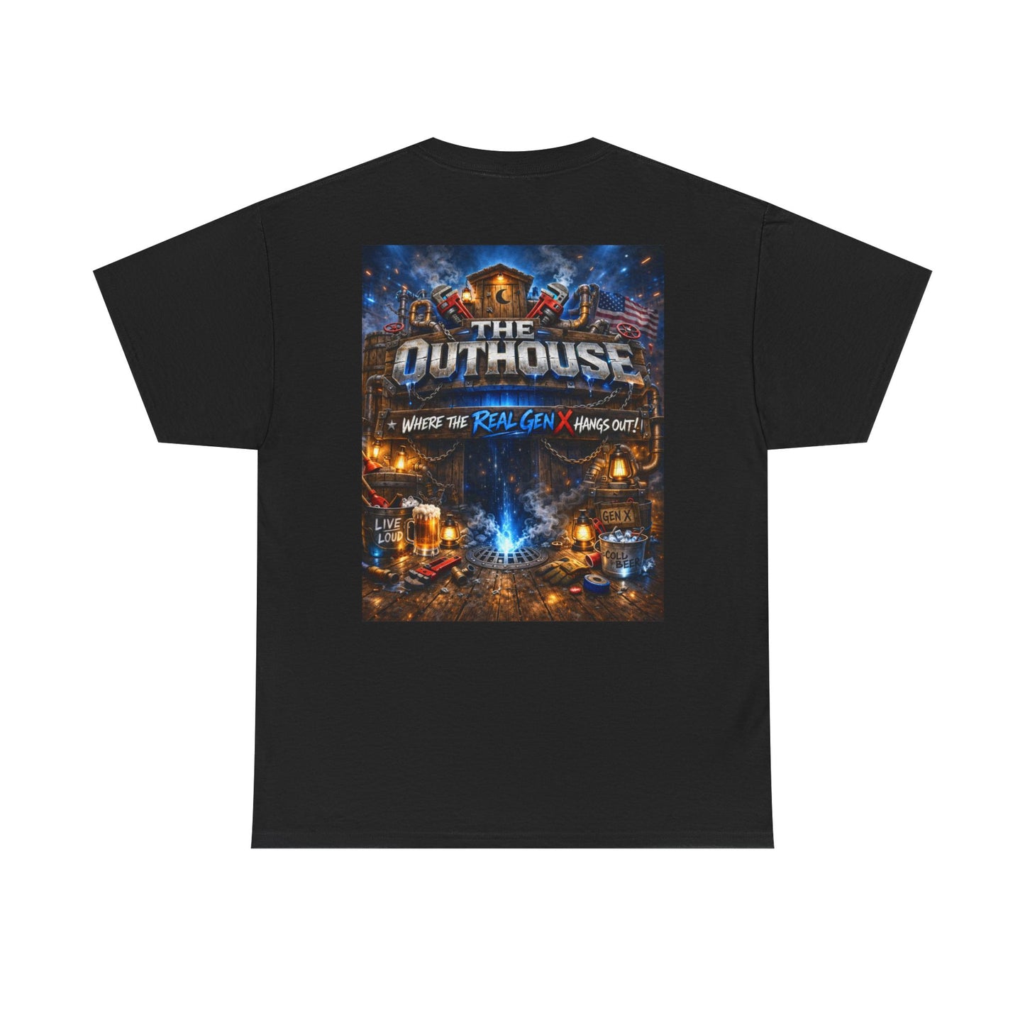The Outhouse Gen X Tee — Retro Campfire Nostalgia Graphic T-Shirt
