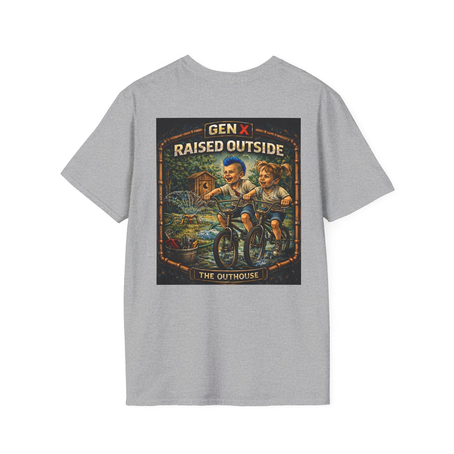 Gen X "Raised Outside" T-Shirt — Retro Outhouse Vintage Graphic Tee