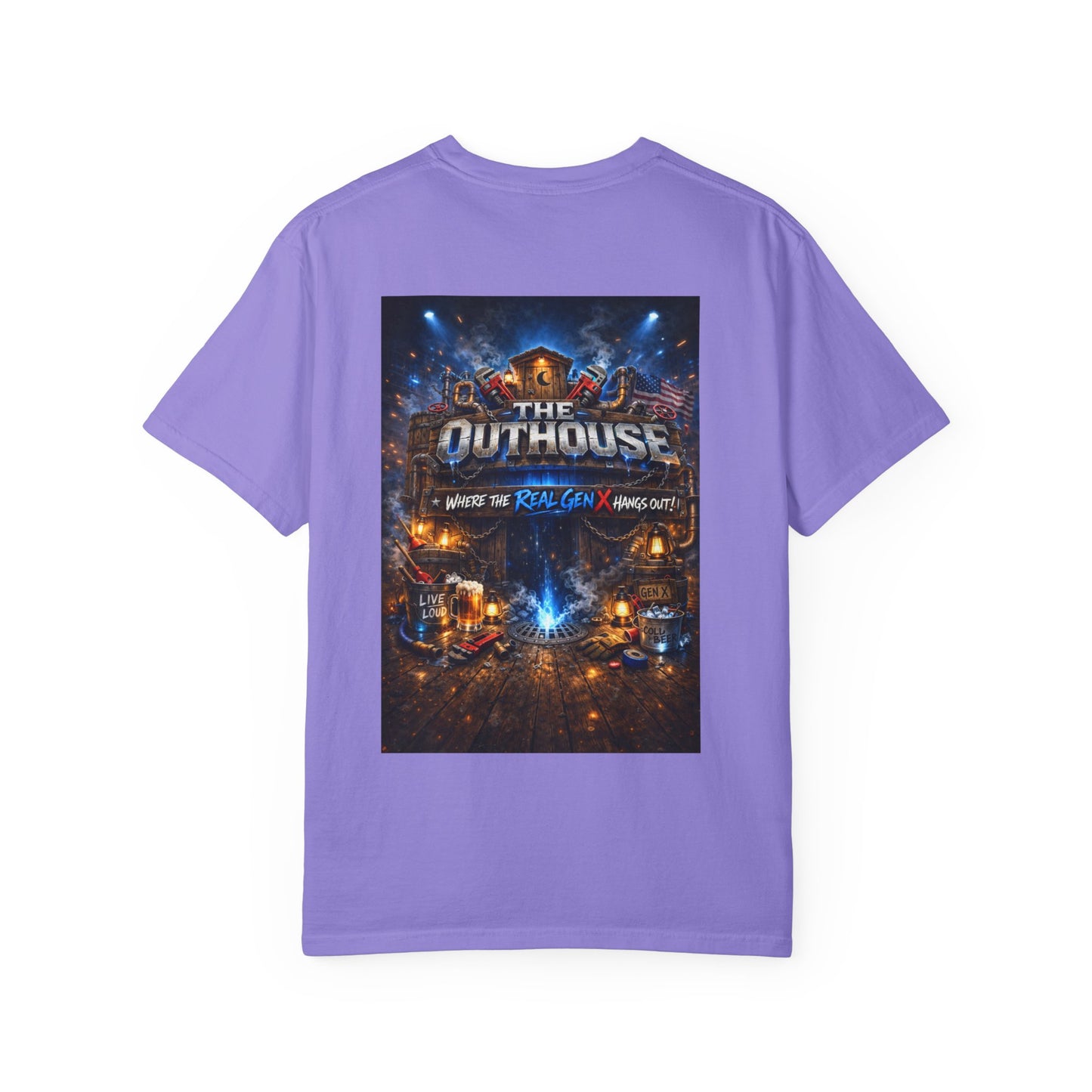 Outhouse Gen X Graphic T-Shirt — Vintage Campfire Adventure Back Print