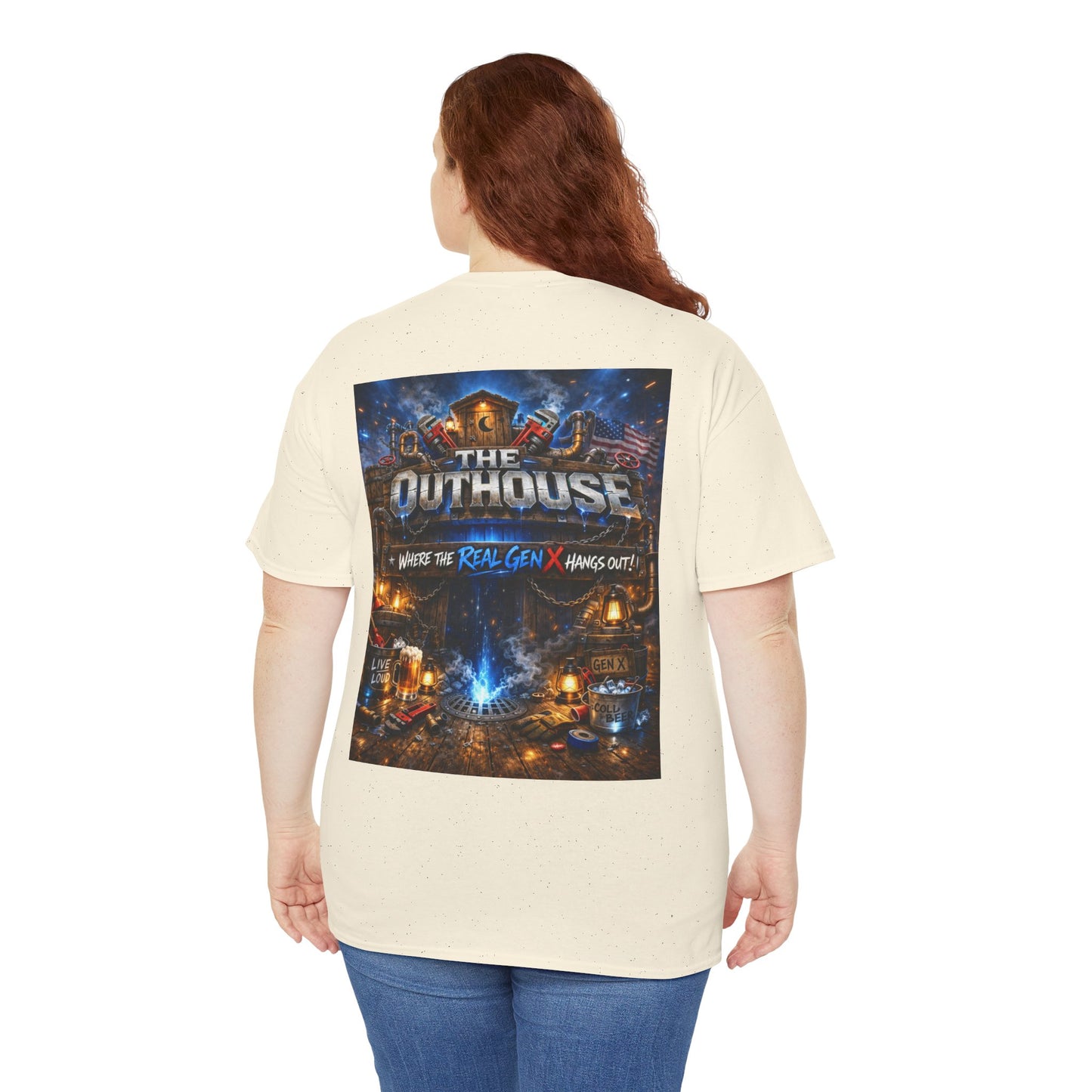 The Outhouse Gen X Tee — Retro Campfire Nostalgia Graphic T-Shirt