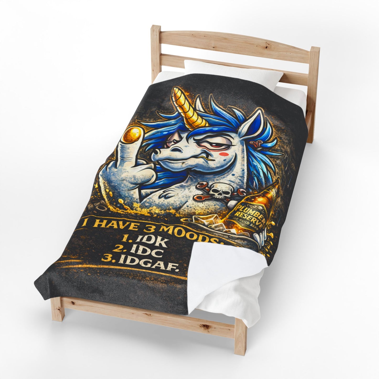 Velveteen Plush Blanket — Funny Unicorn ‘I Have 3 Moods: IDK, IDC, IDGAF’ Throw