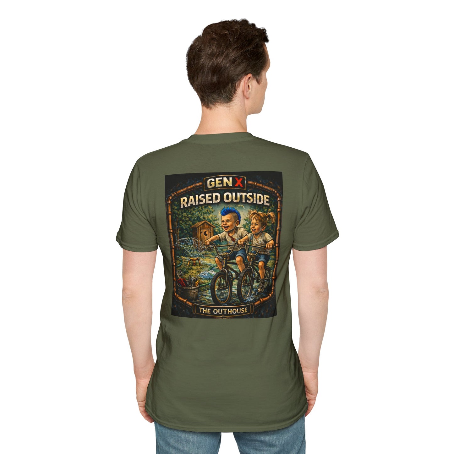 Gen X "Raised Outside" T-Shirt — Retro Outhouse Vintage Graphic Tee