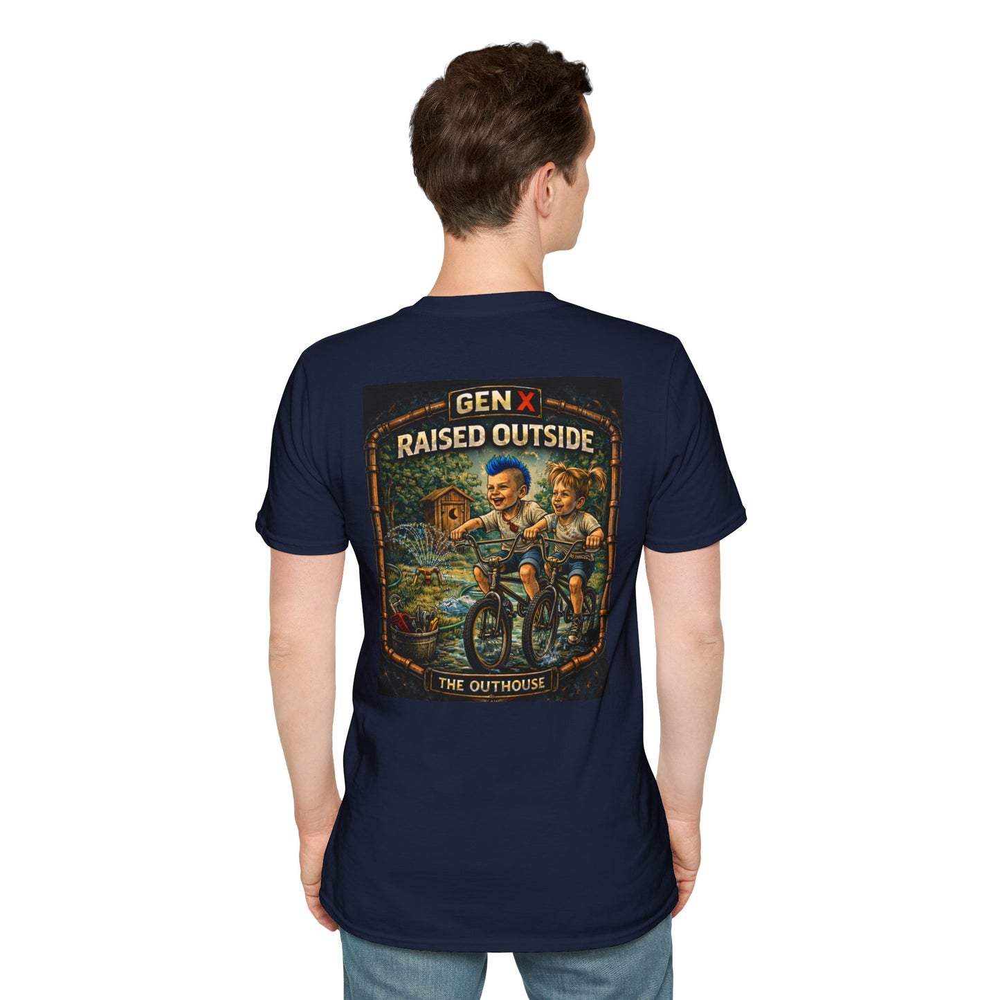 Gen X "Raised Outside" T-Shirt — Retro Outhouse Vintage Graphic Tee